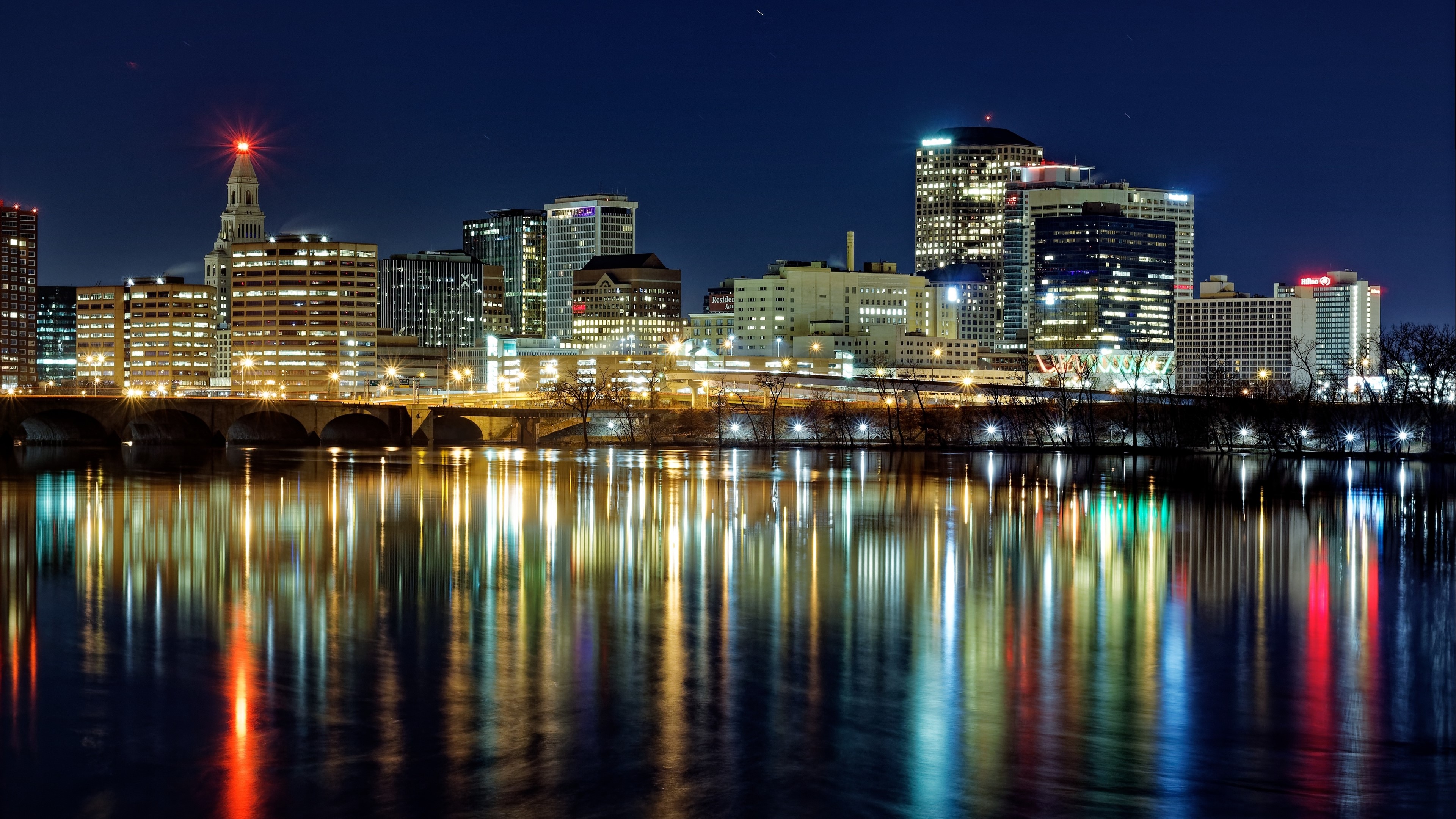 4K Hartford Skyline at Night with River Reflection HD Wallpaper