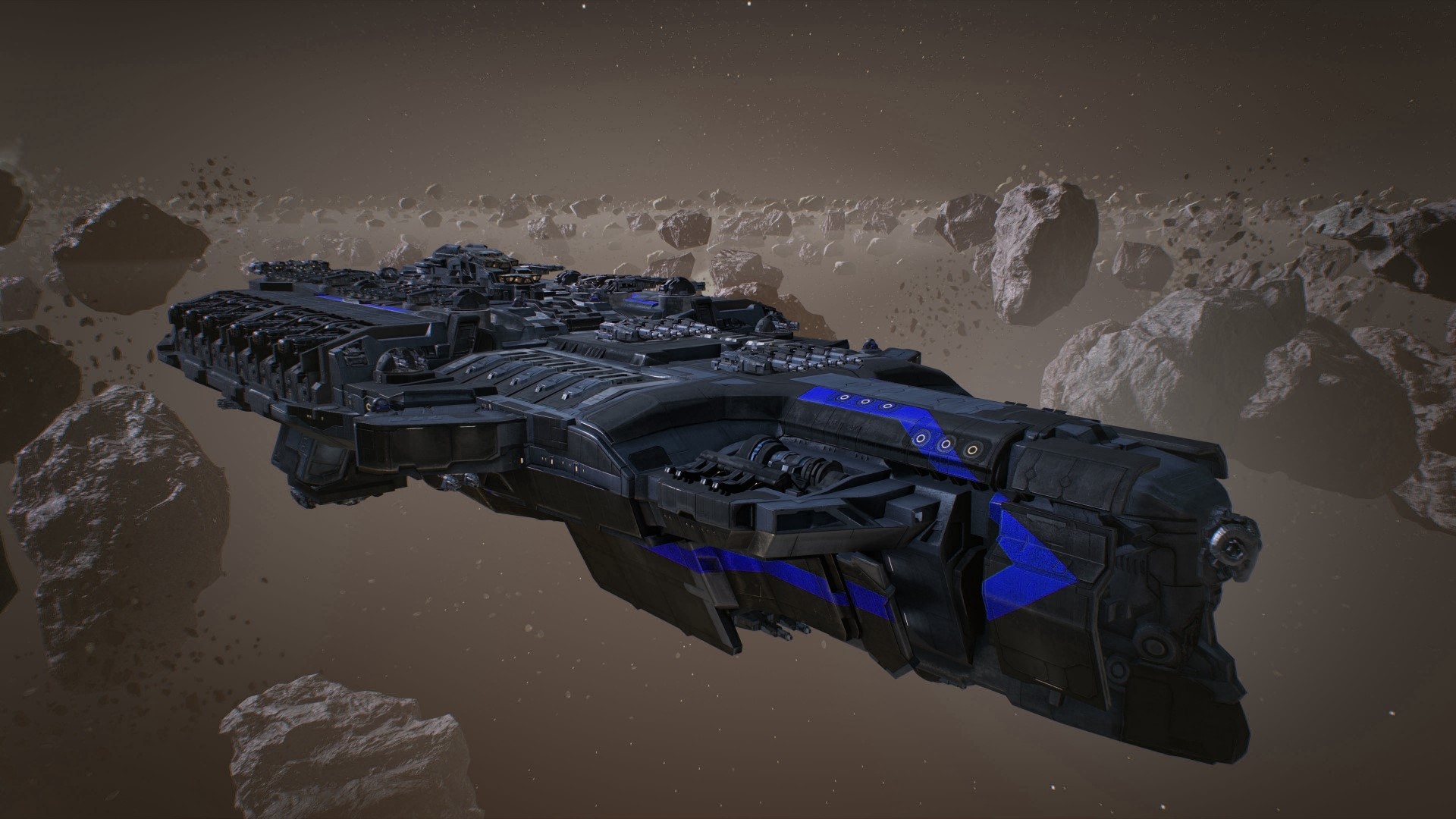 Massive dark spaceship with blue accents in asteroid field HD Wallpaper