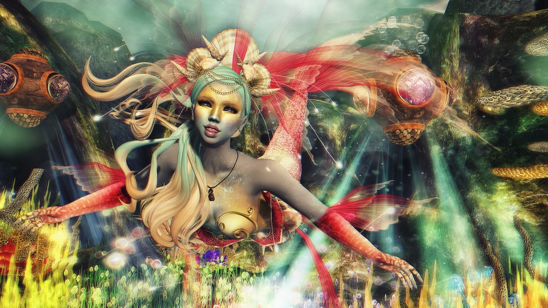 Fantasy mermaid with shells and golden mask HD Wallpaper