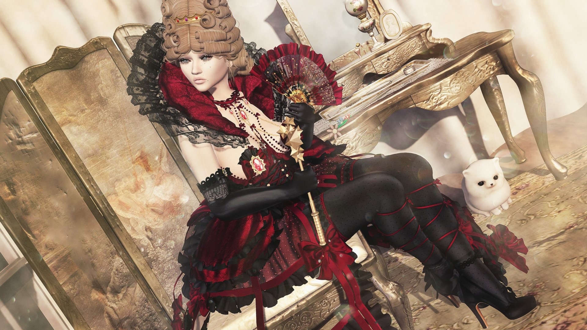 Fantasy girl in rococo dress with fan and cat HD Wallpaper