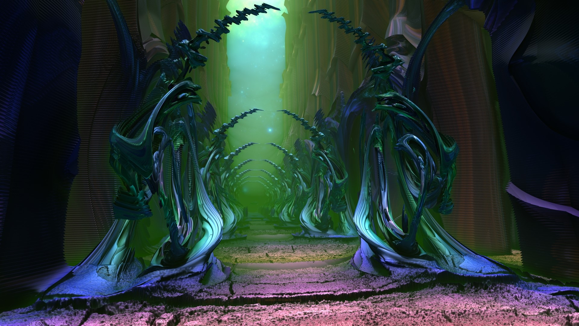 3D fractal landscape with glowing green tunnel HD Wallpaper