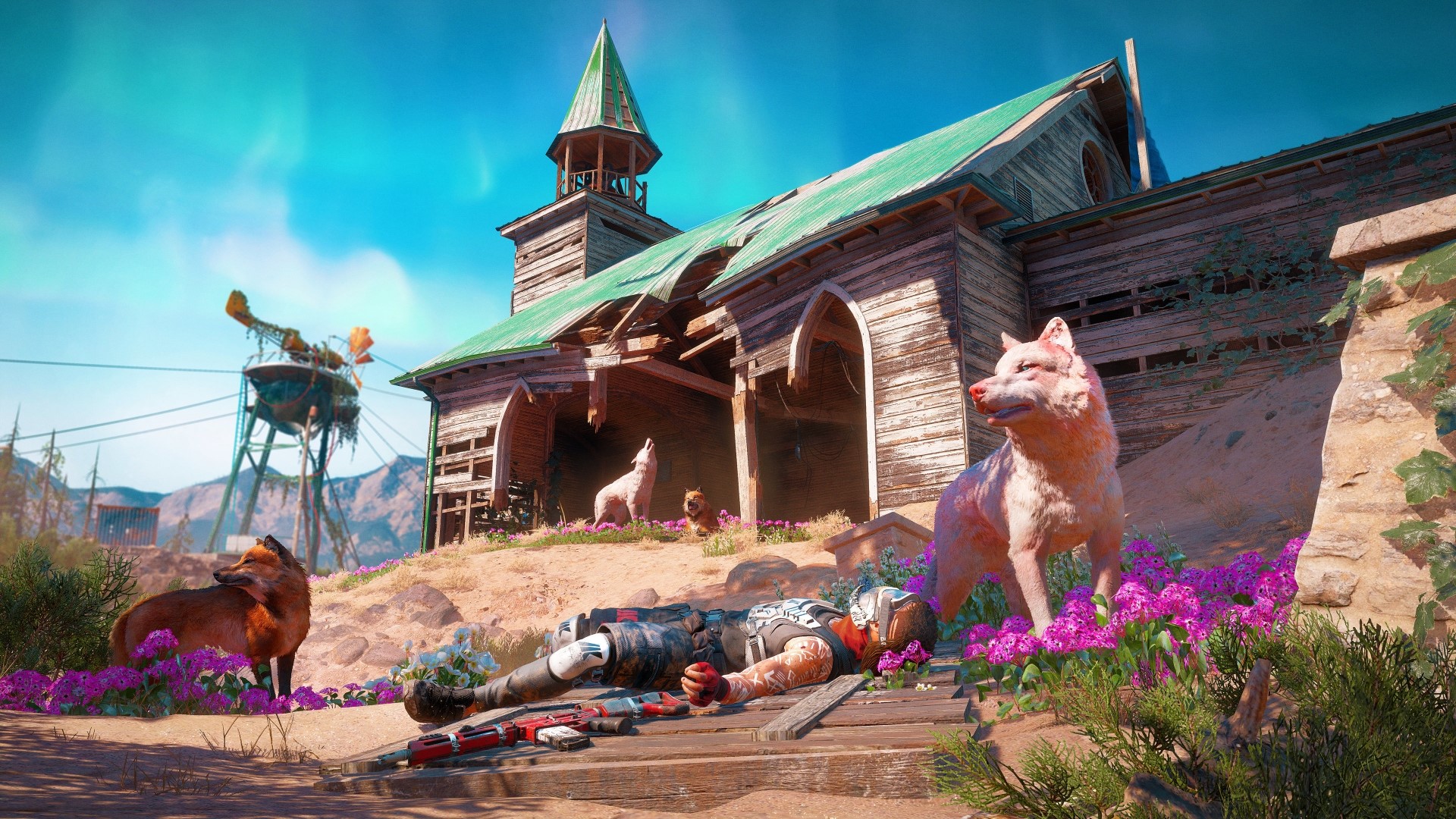 Far Cry New Dawn: Wolves and a fallen survivor HD Wallpaper