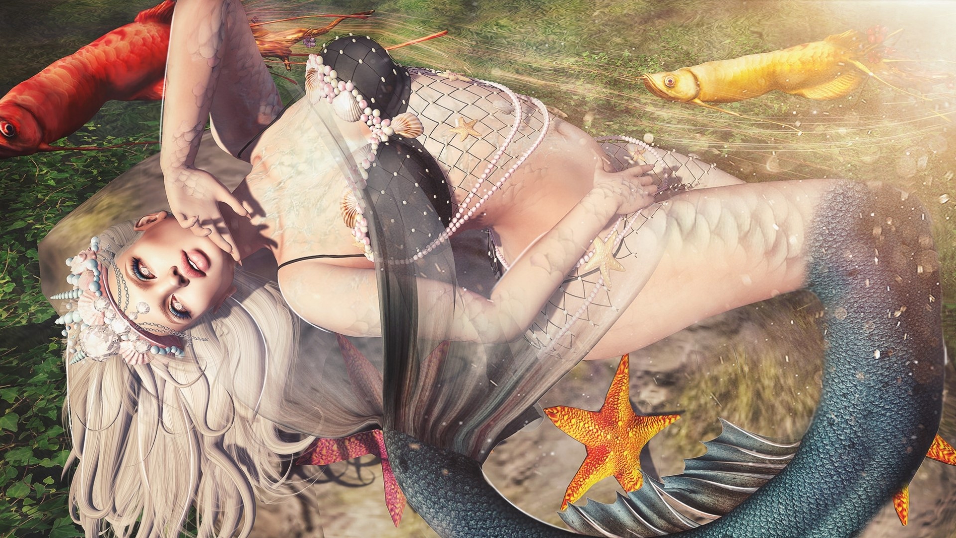 Fantasy mermaid with fish and starfish HD Wallpaper