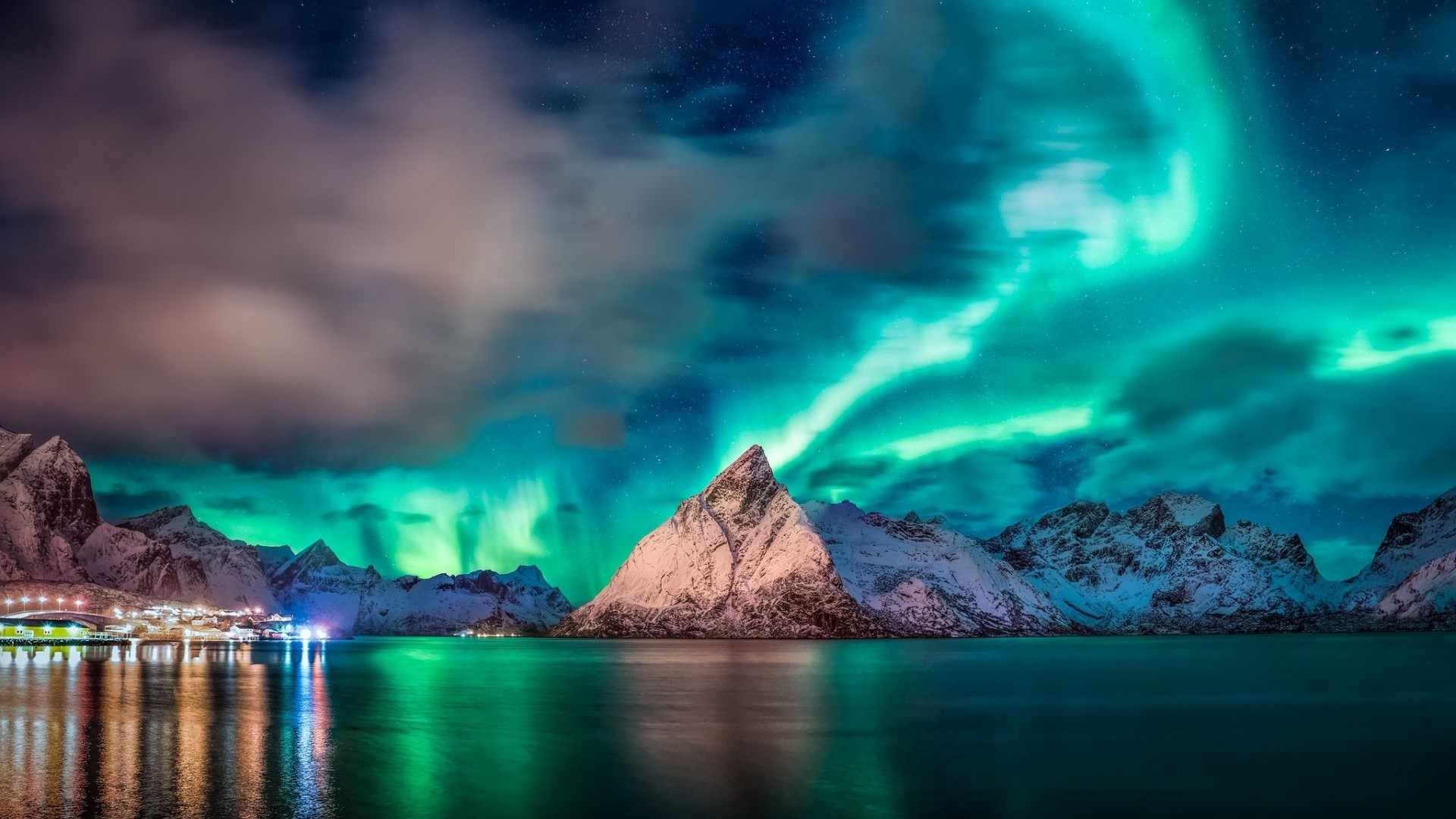 Aurora Borealis over Mountains and Village HD Wallpaper