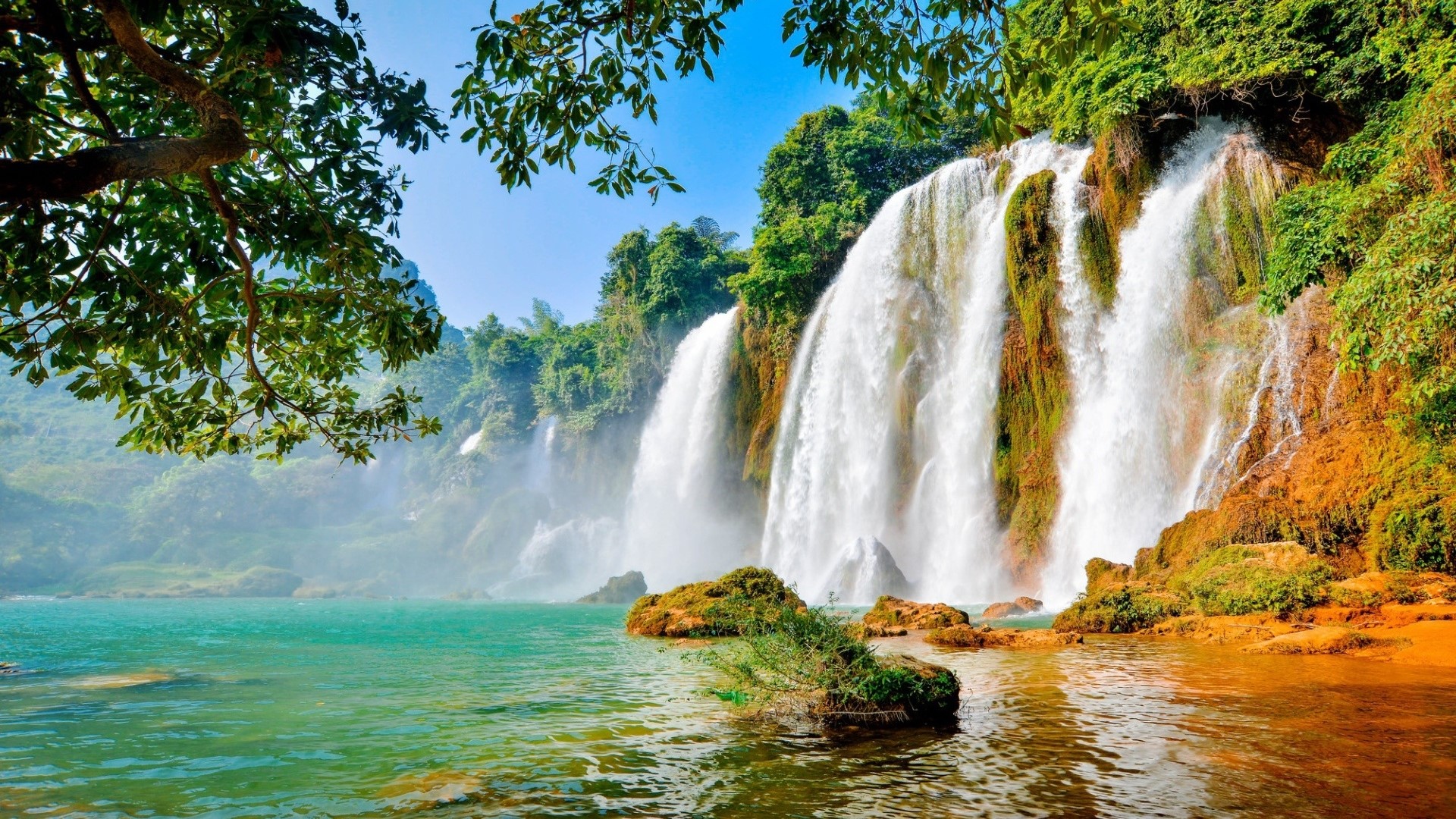 Ban Gioc Waterfall with trees and water HD Wallpaper