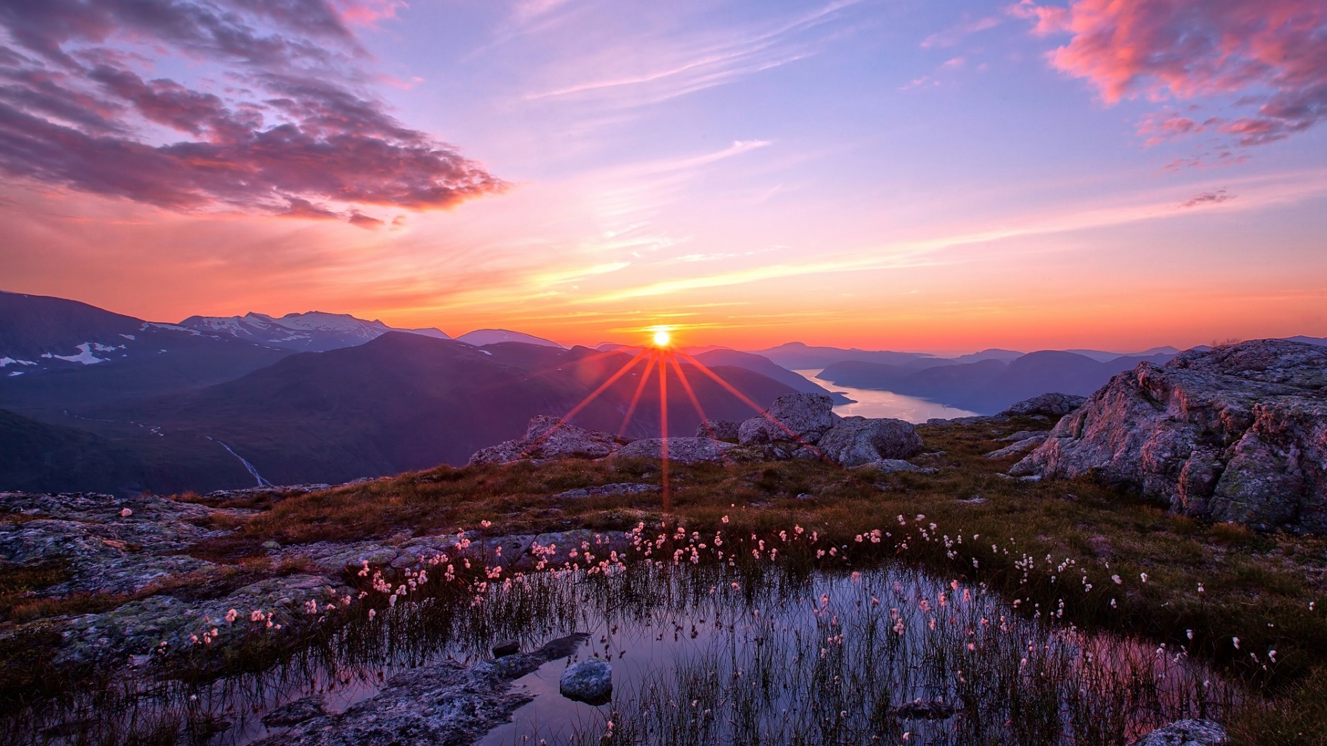 Sunset over mountains and a fjord HD Wallpaper