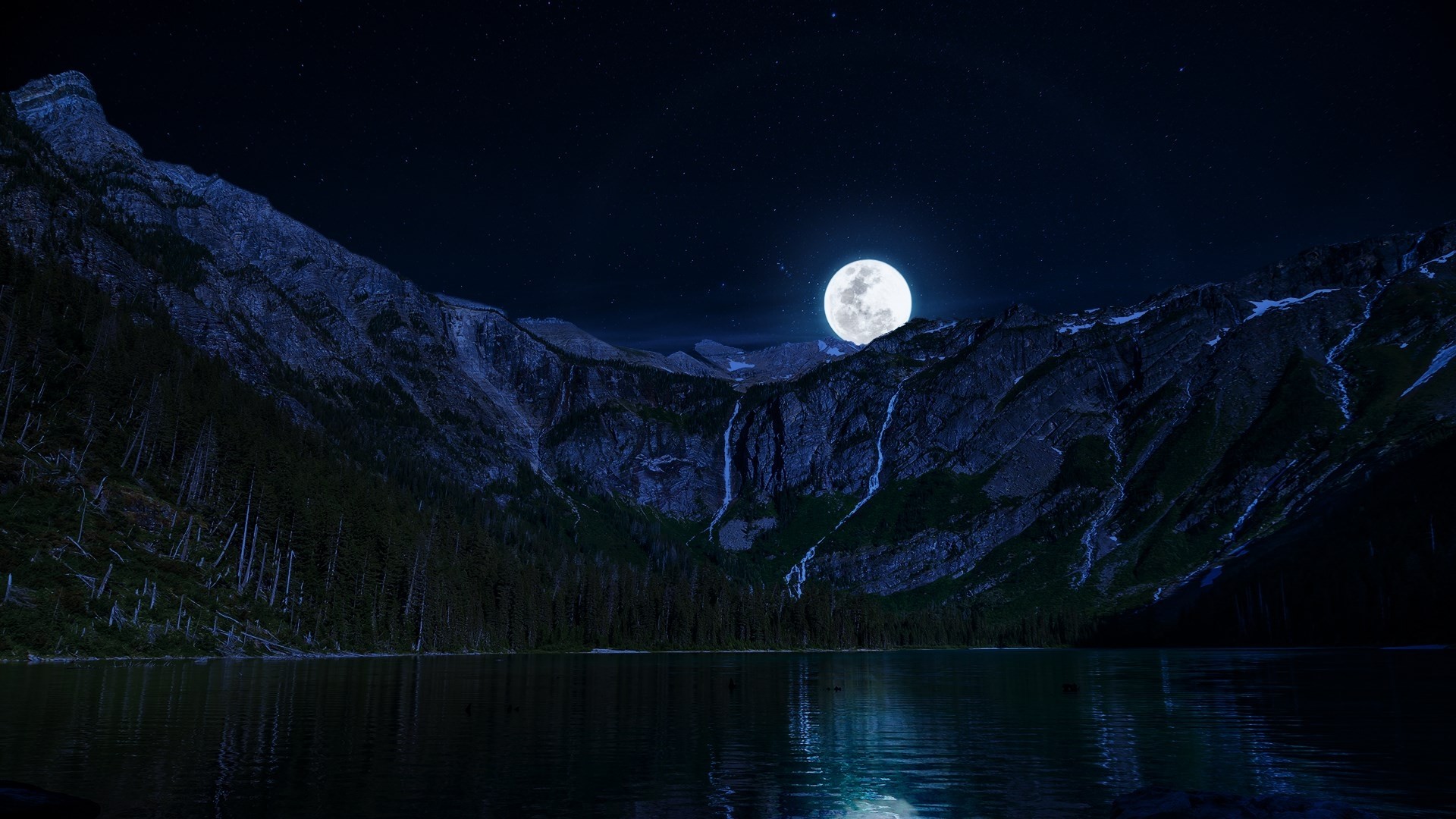 Moonlit Mountain Lake with Waterfalls HD Wallpaper