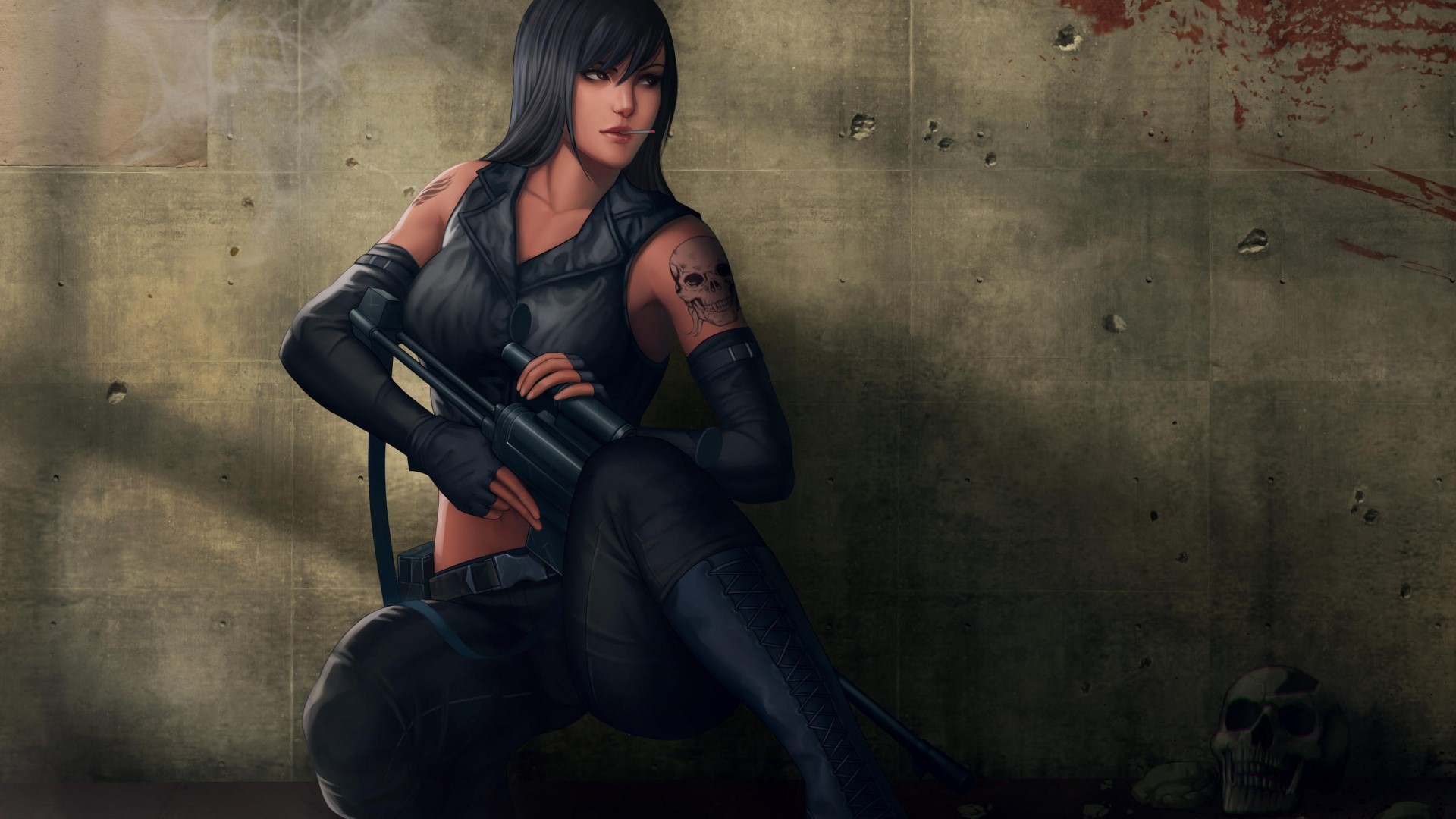 Woman with sniper rifle and skull tattoo HD Wallpaper