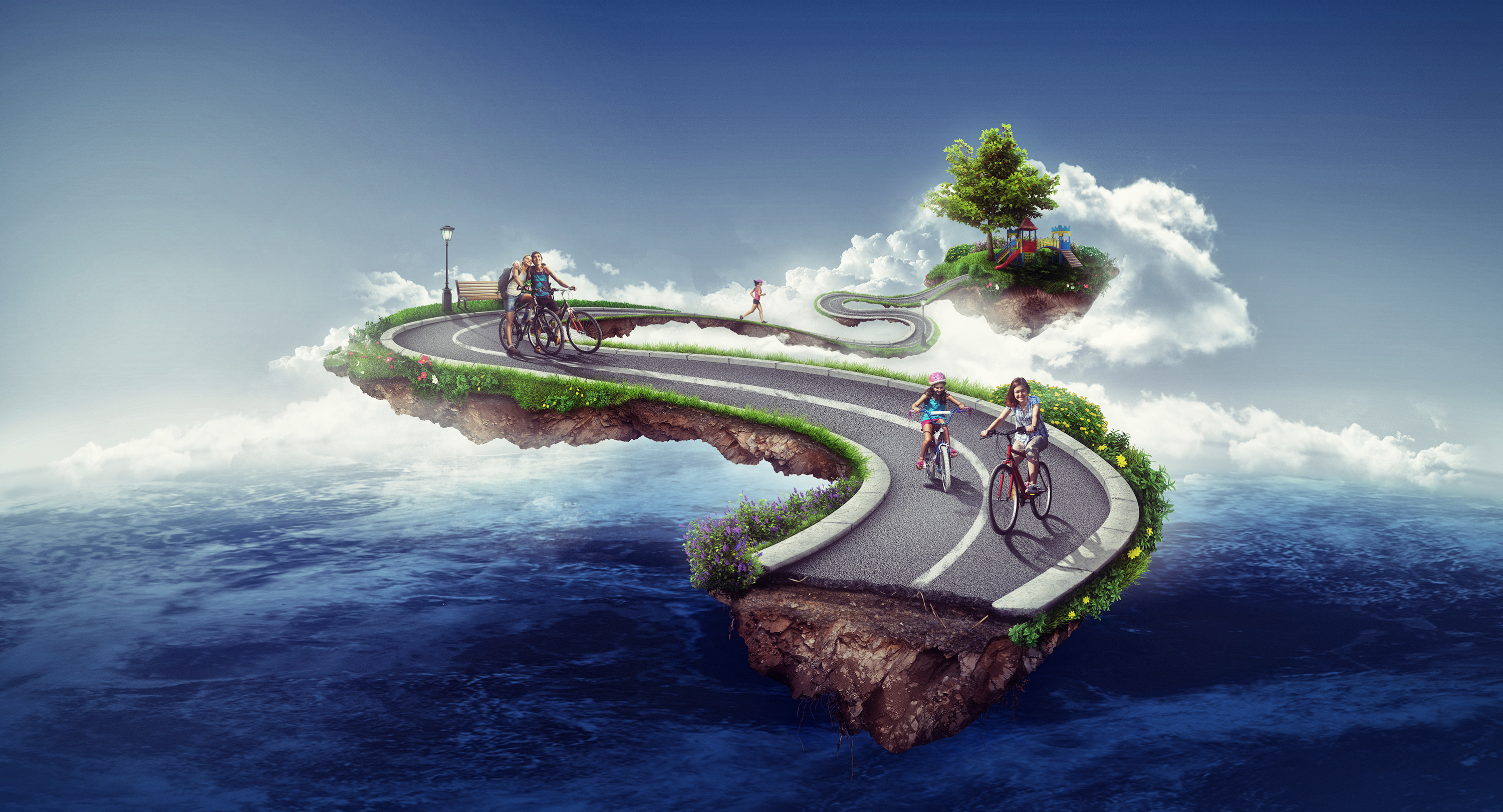 People, Floating island, Clouds HD Wallpaper