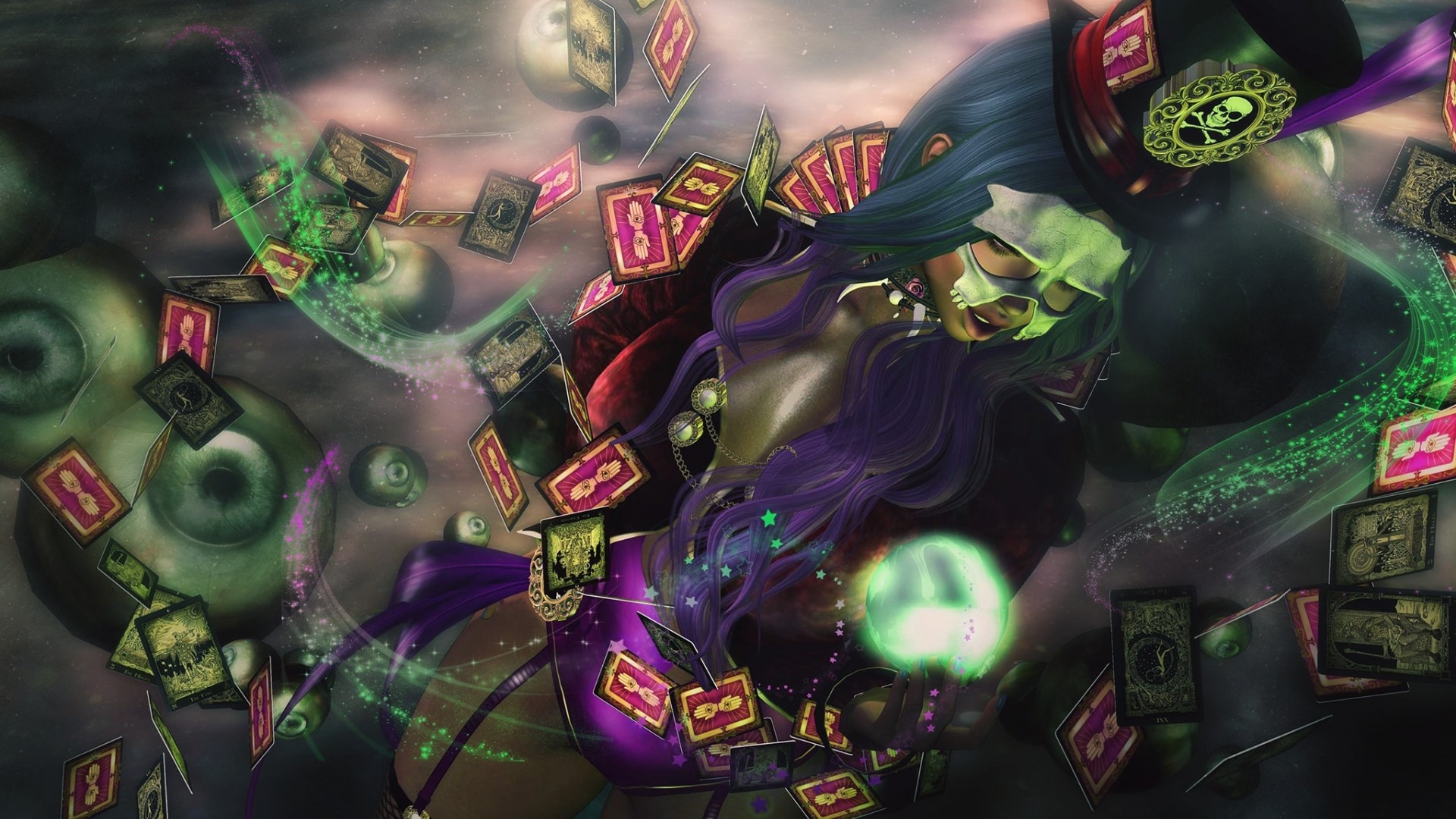 Fantasy girl with skull mask and tarot cards HD Wallpaper