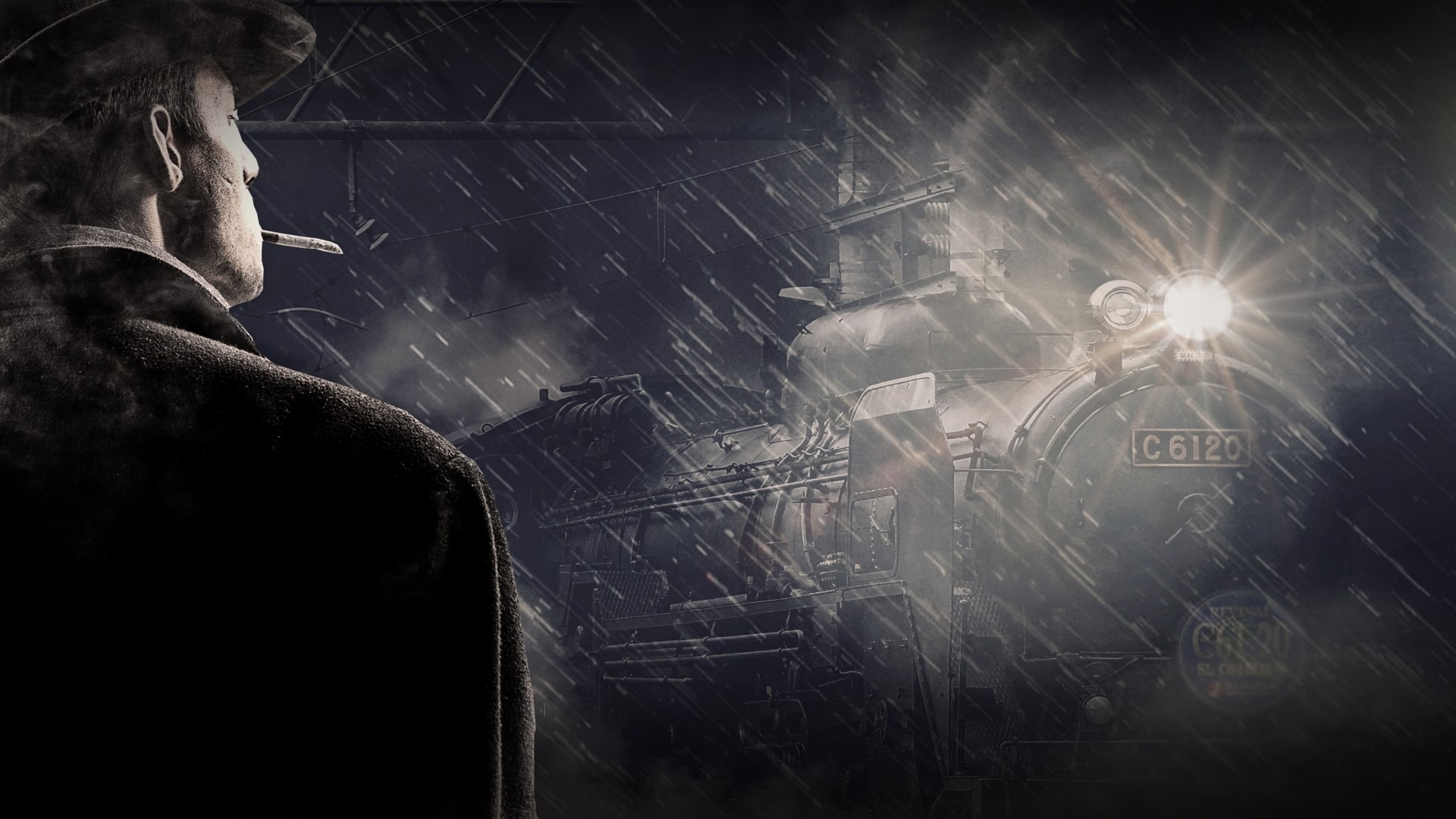 Man in hat smoking cigarette with train in rain HD Wallpaper
