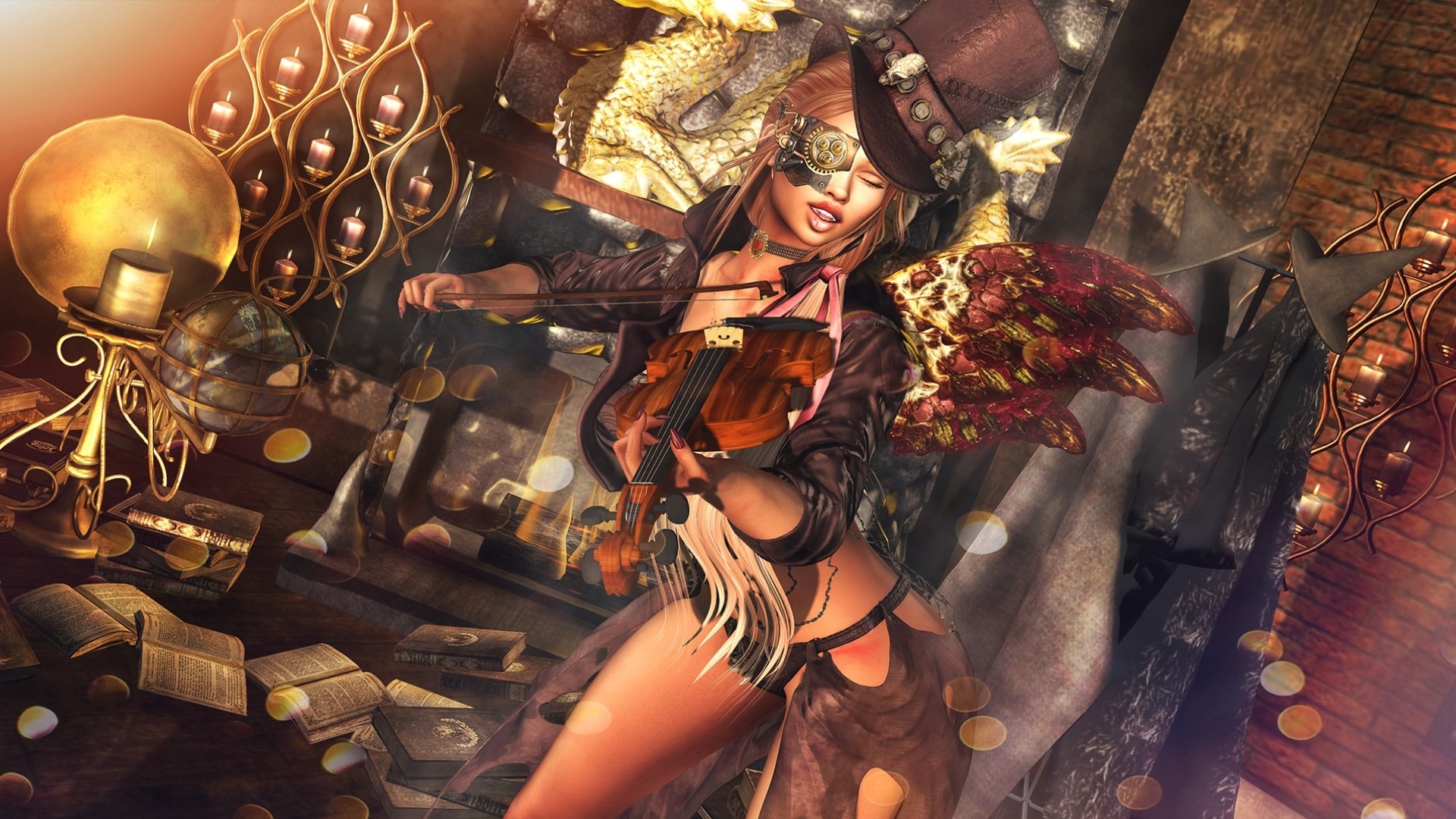 Steampunk girl playing violin with dragon wings HD Wallpaper