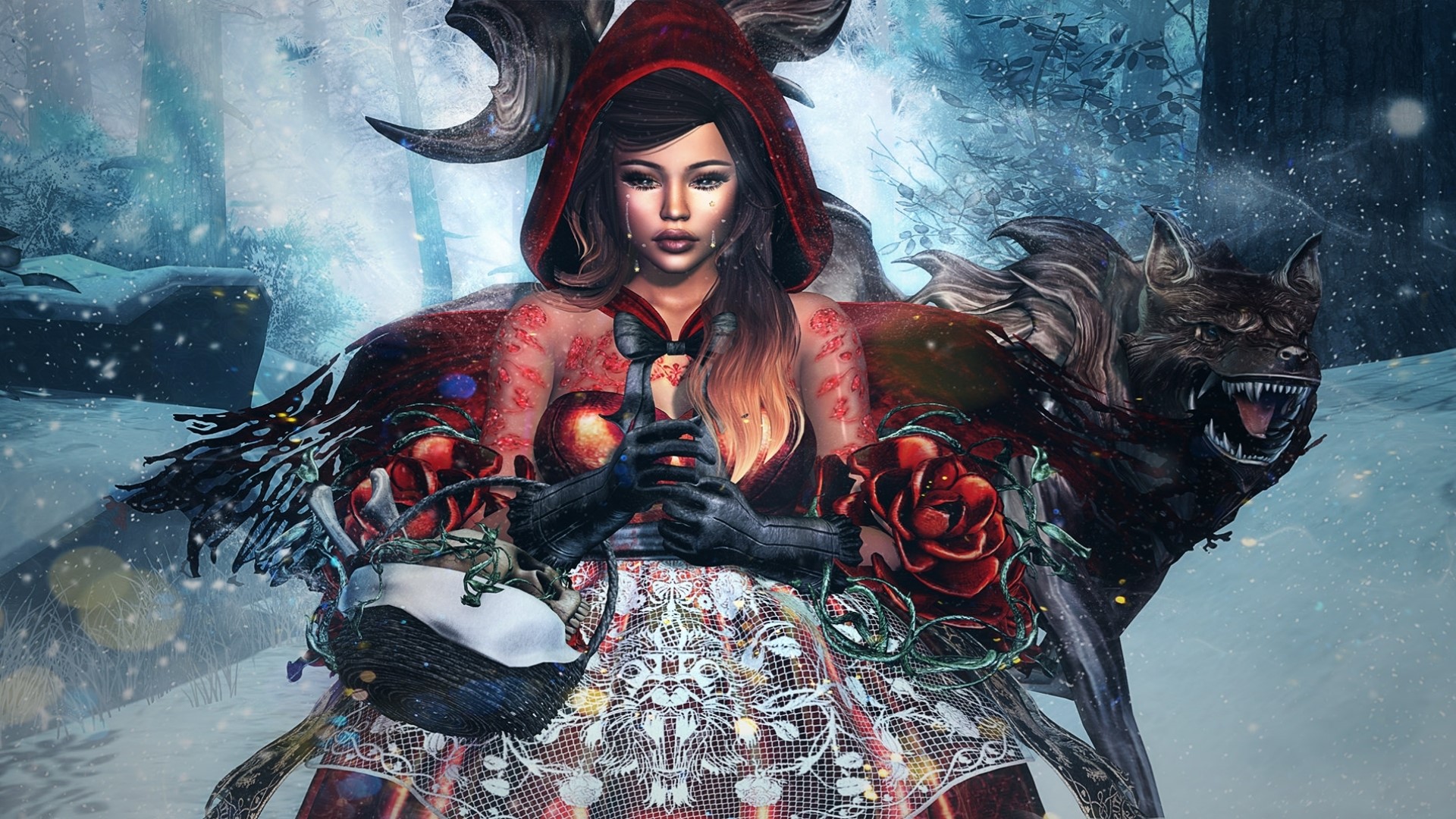 Fantasy girl in red hood with wolf in snowy forest HD Wallpaper
