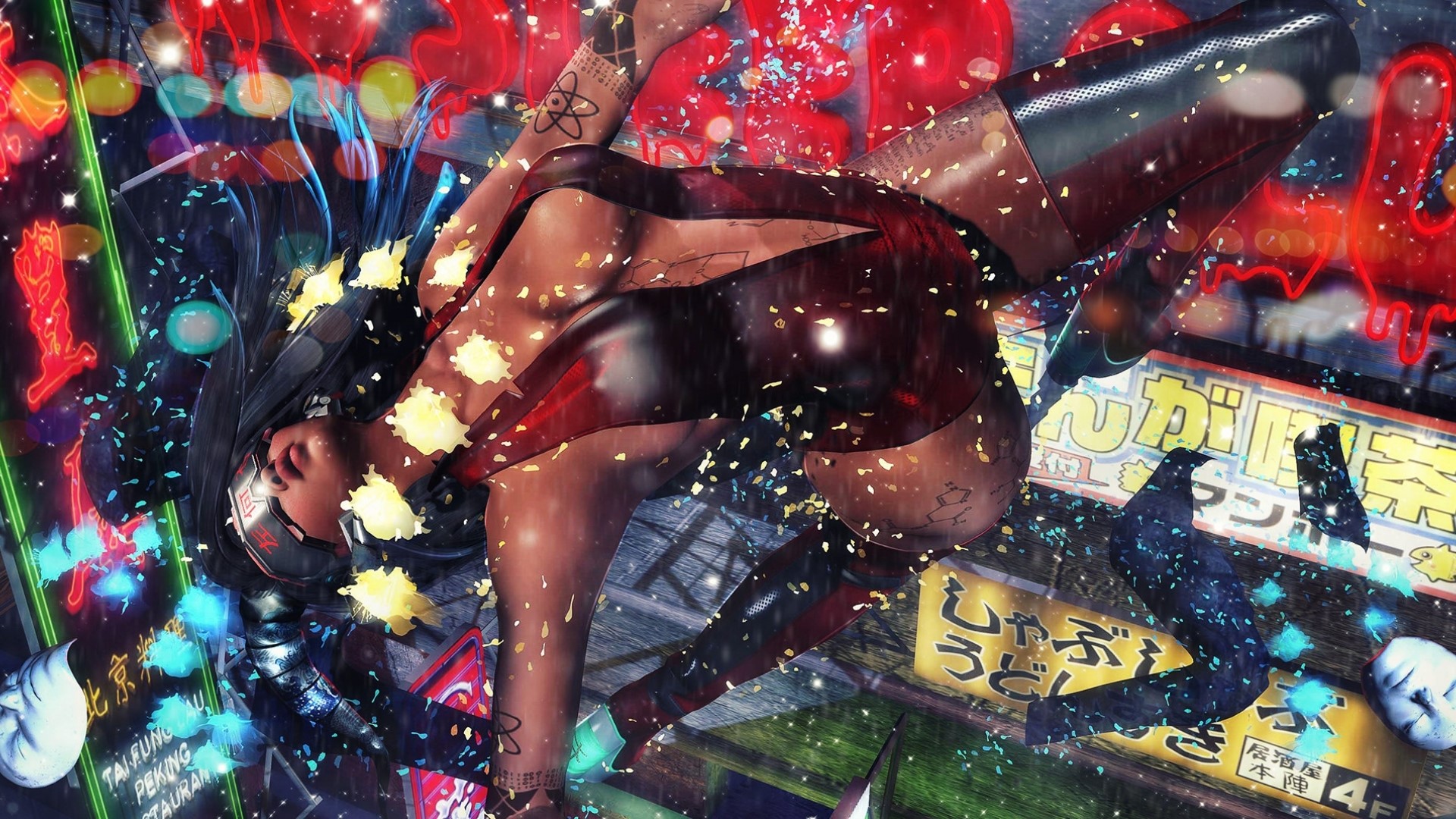 3D fantasy girl in a neon city HD Wallpaper