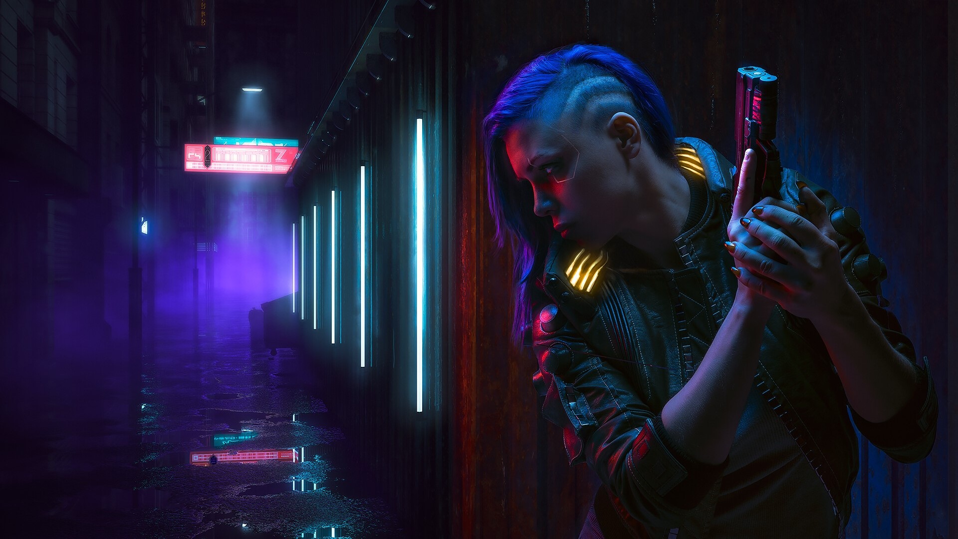 Woman with blue hair holding a gun in Cyberpunk 2077 HD Wallpaper
