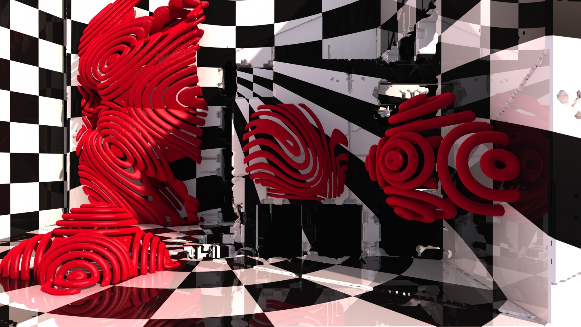 Abstract red sculptures in a checkered room HD Wallpaper