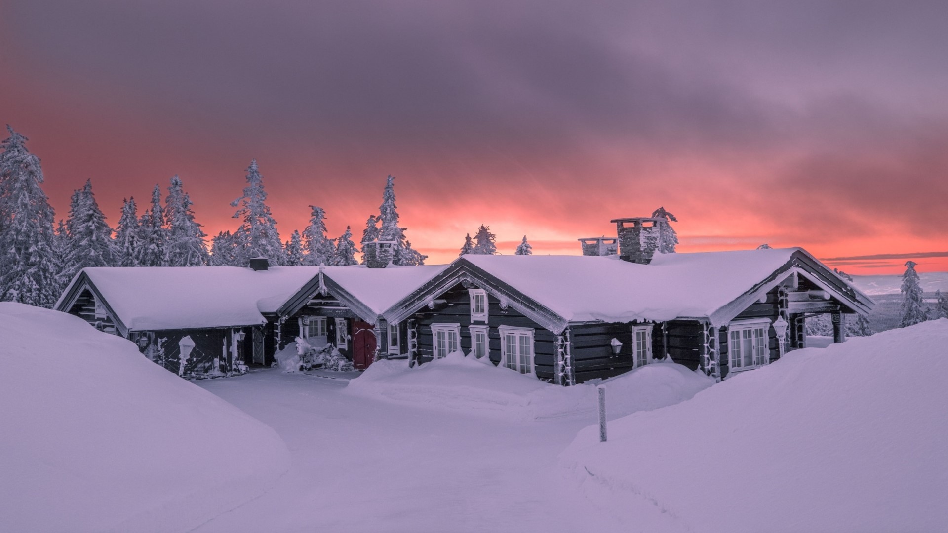 Snowy cabins at sunset HD Wallpaper