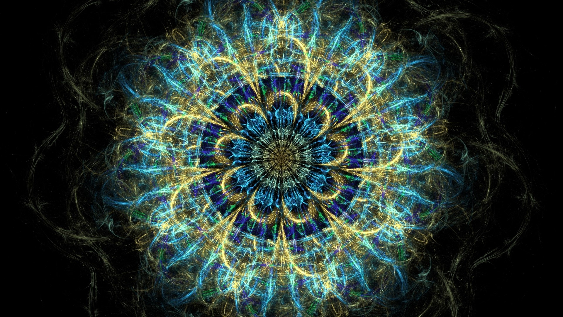 Fractal mandala with blue and gold patterns HD Wallpaper