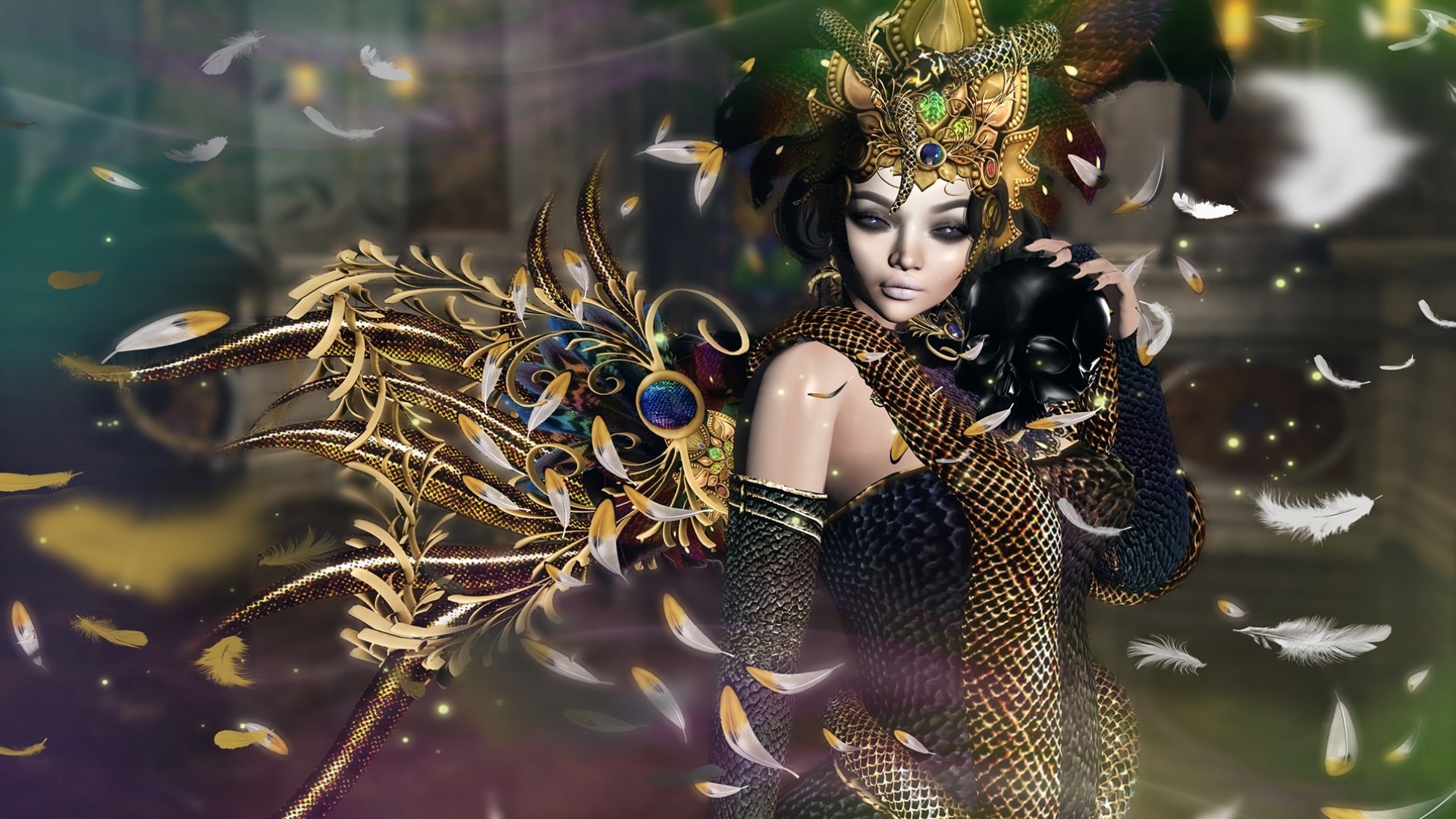 Fantasy girl with mask and ornate wings HD Wallpaper