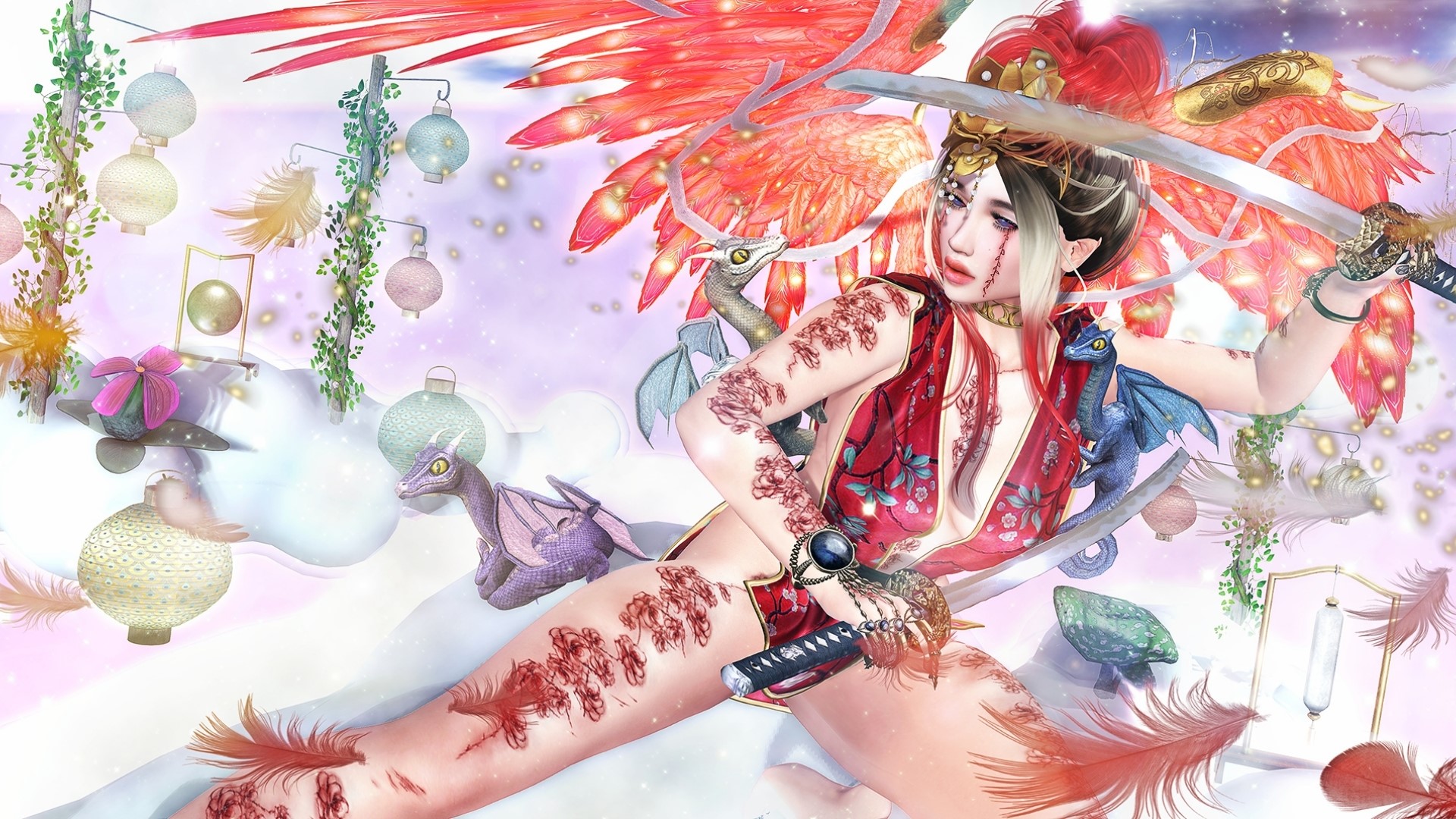 Fantasy girl with swords and dragons HD Wallpaper