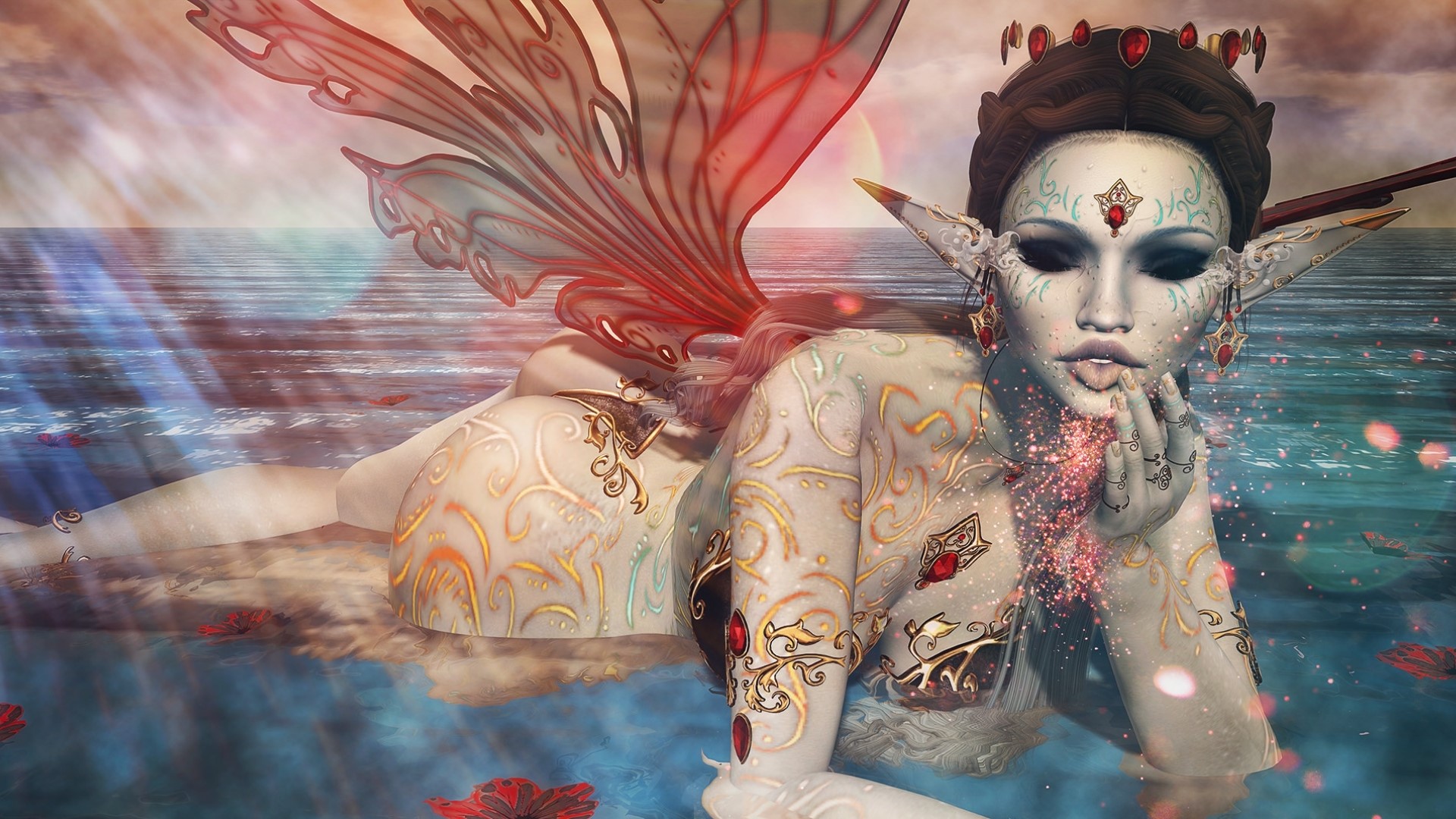 Fantasy fairy girl with wings by the water HD Wallpaper