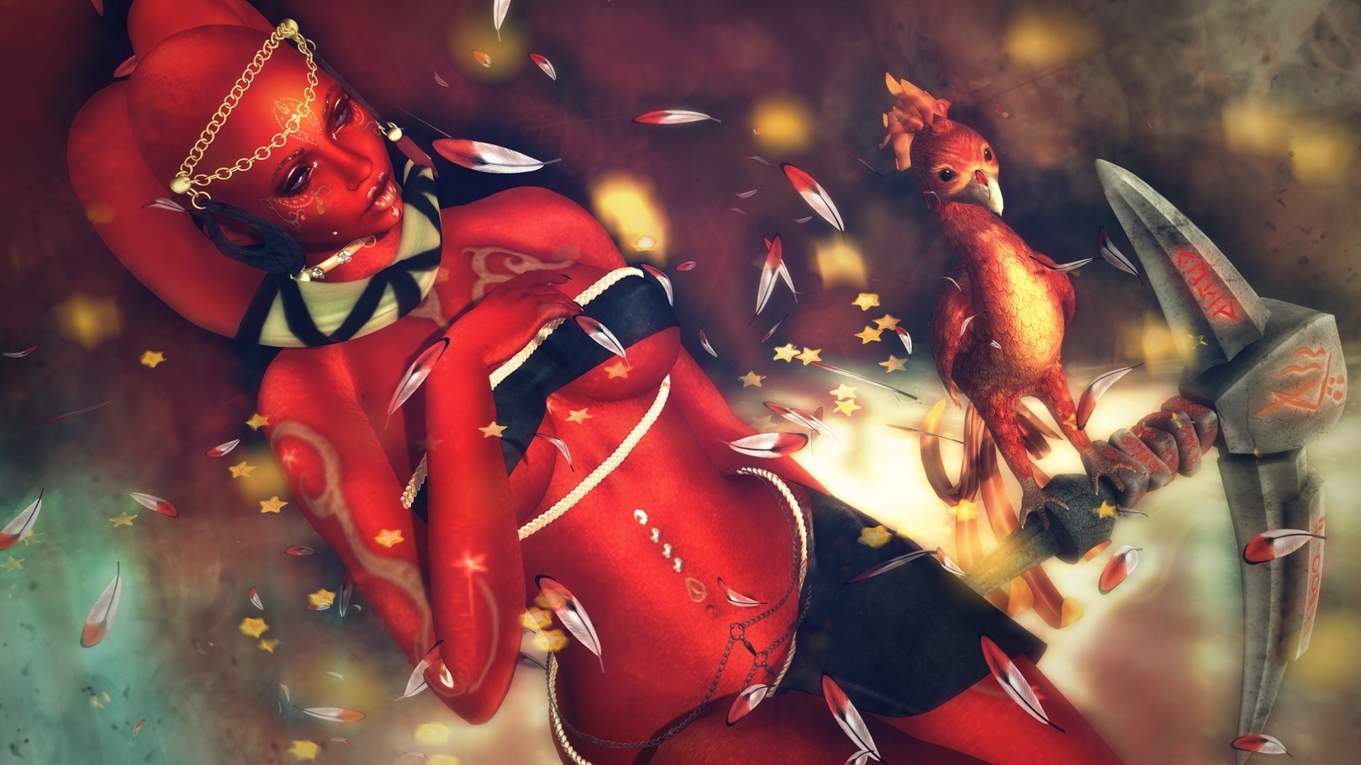Red-skinned fantasy girl with a bird and a weapon HD Wallpaper