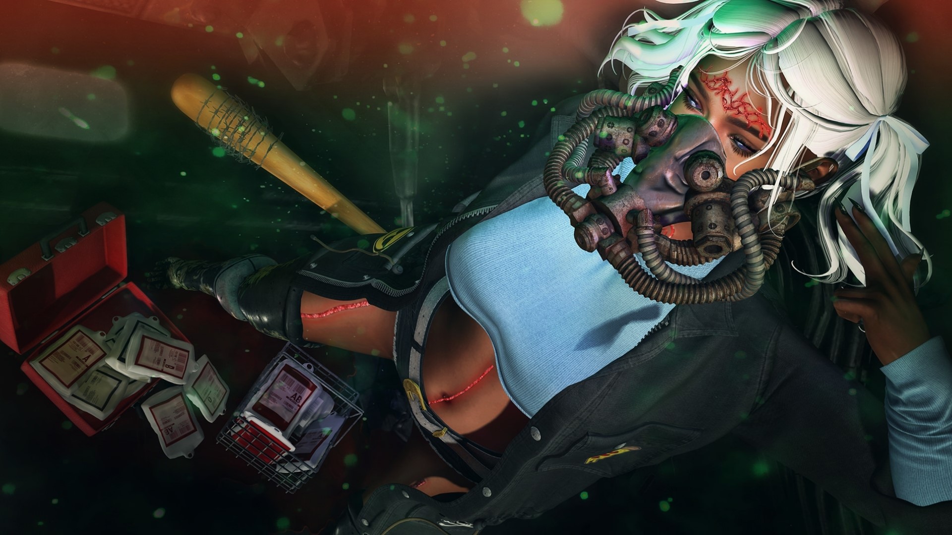 Fantasy girl with gas mask and baseball bat HD Wallpaper