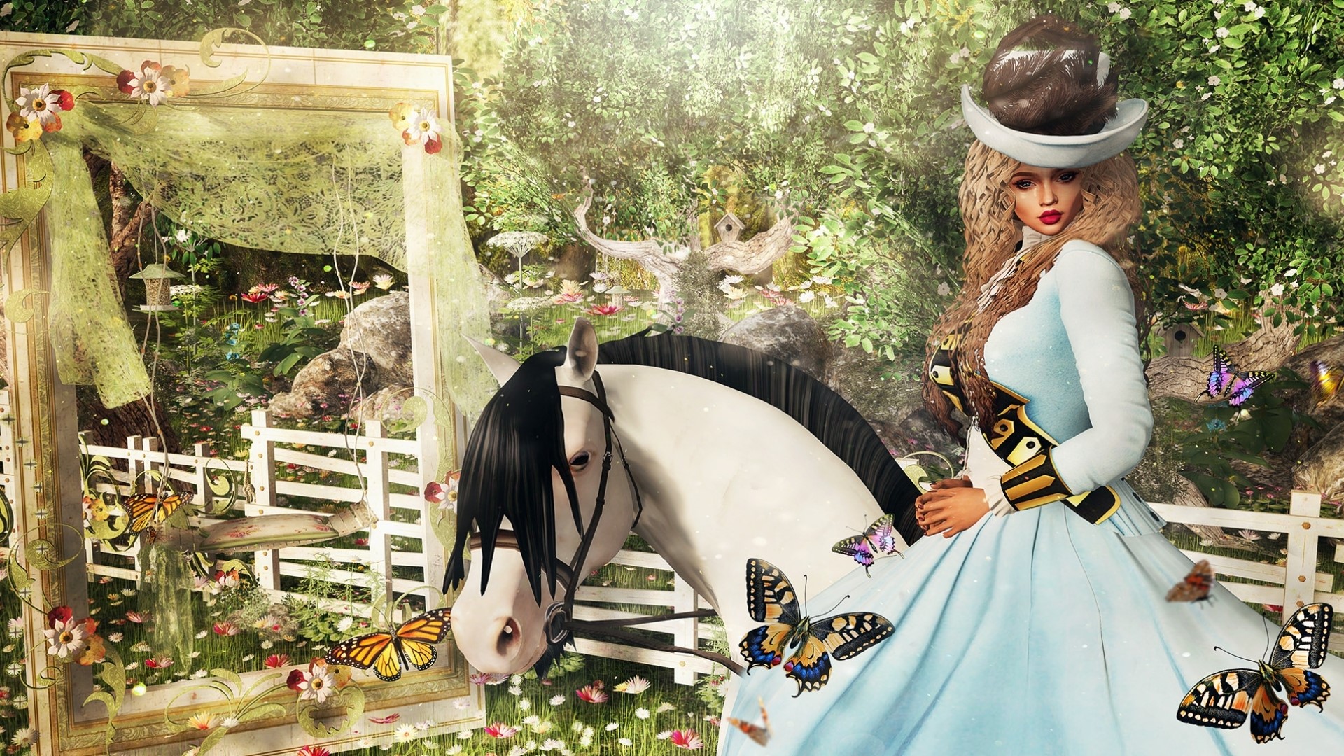 Fantasy girl with horse and butterflies in garden HD Wallpaper