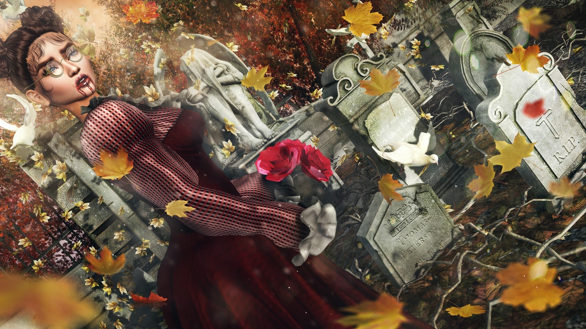 3D fantasy girl in a graveyard HD Wallpaper