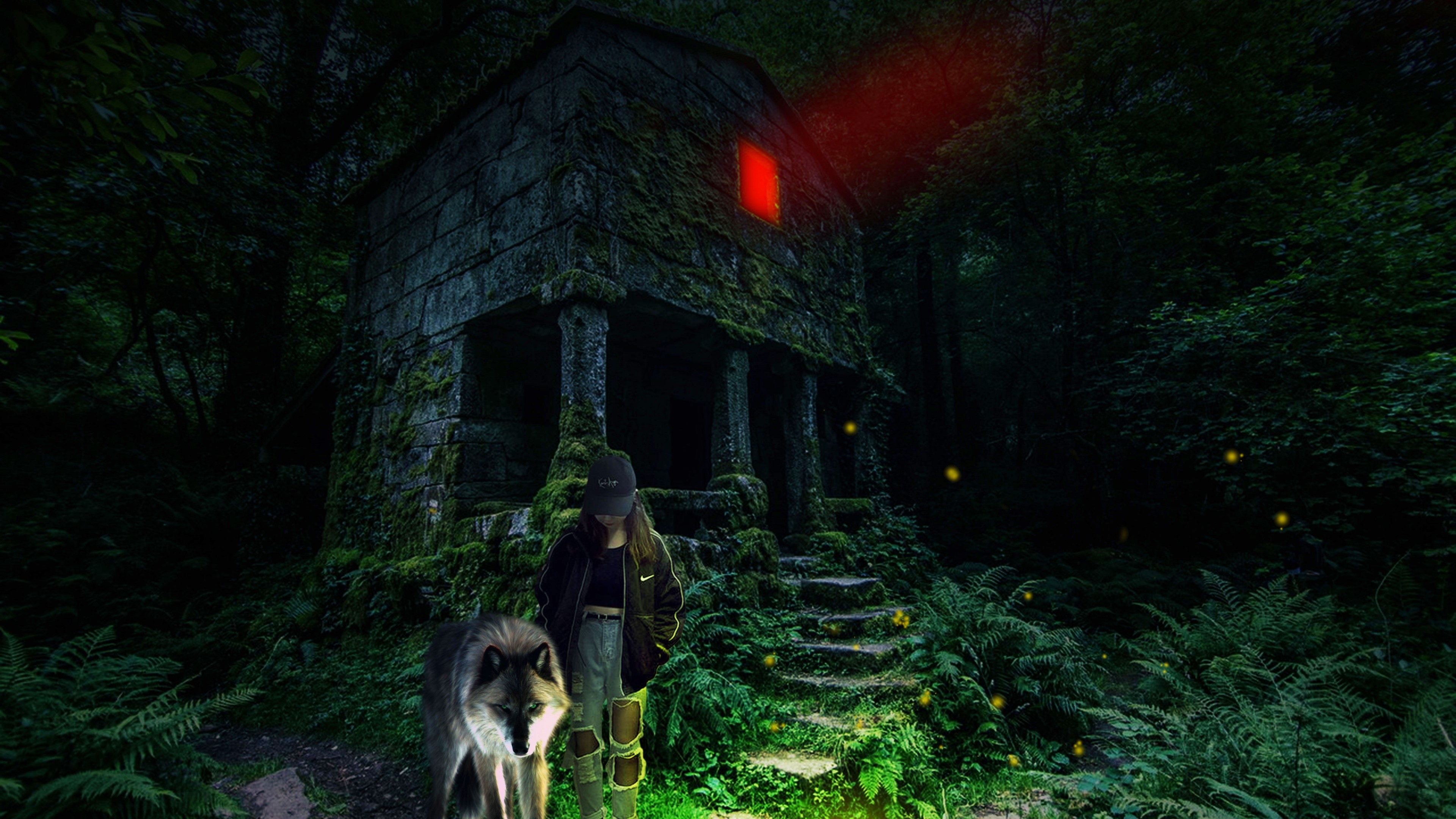 Girl and wolf near mossy stone building with red light HD Wallpaper