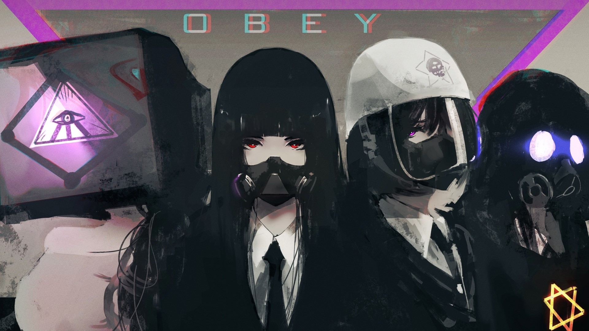 Four figures in dark suits and masks with "OBEY" text HD Wallpaper