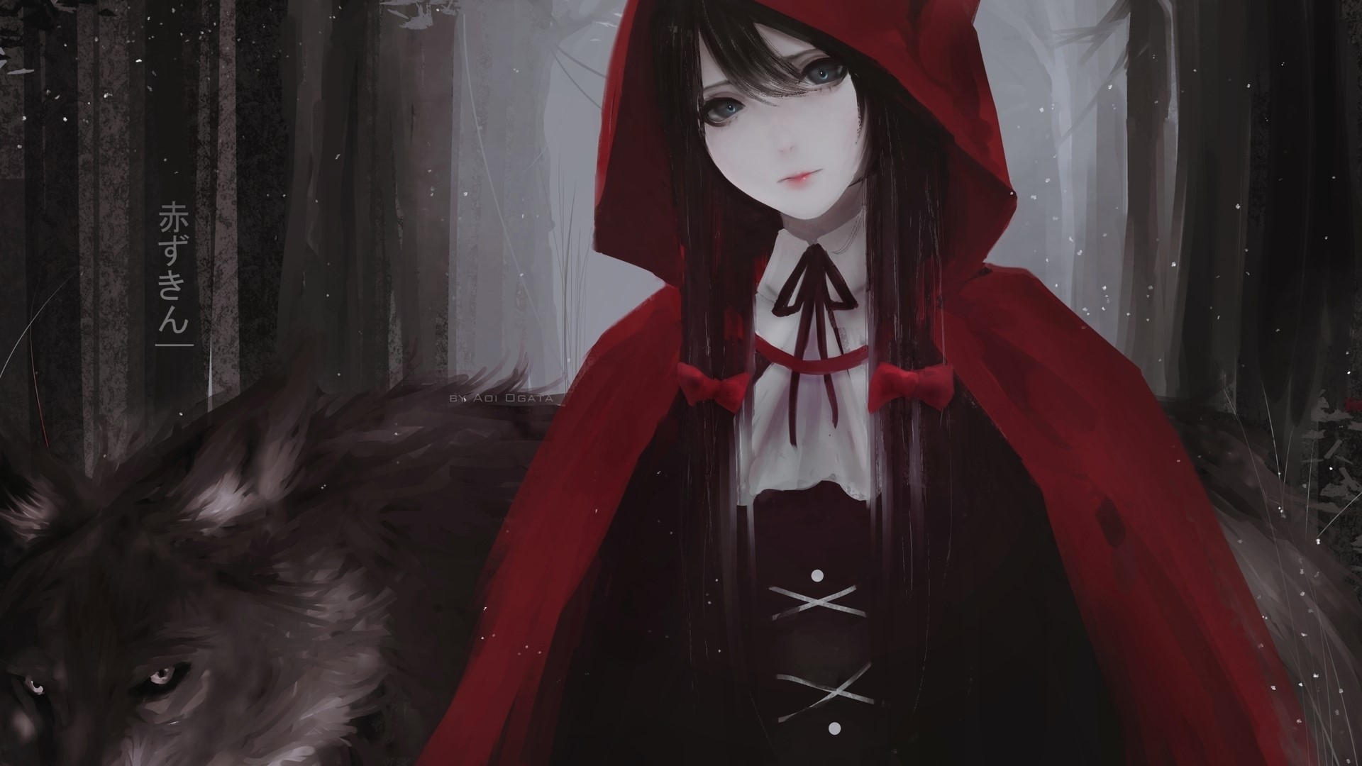 Little Red Riding Hood and wolf in a dark forest HD Wallpaper
