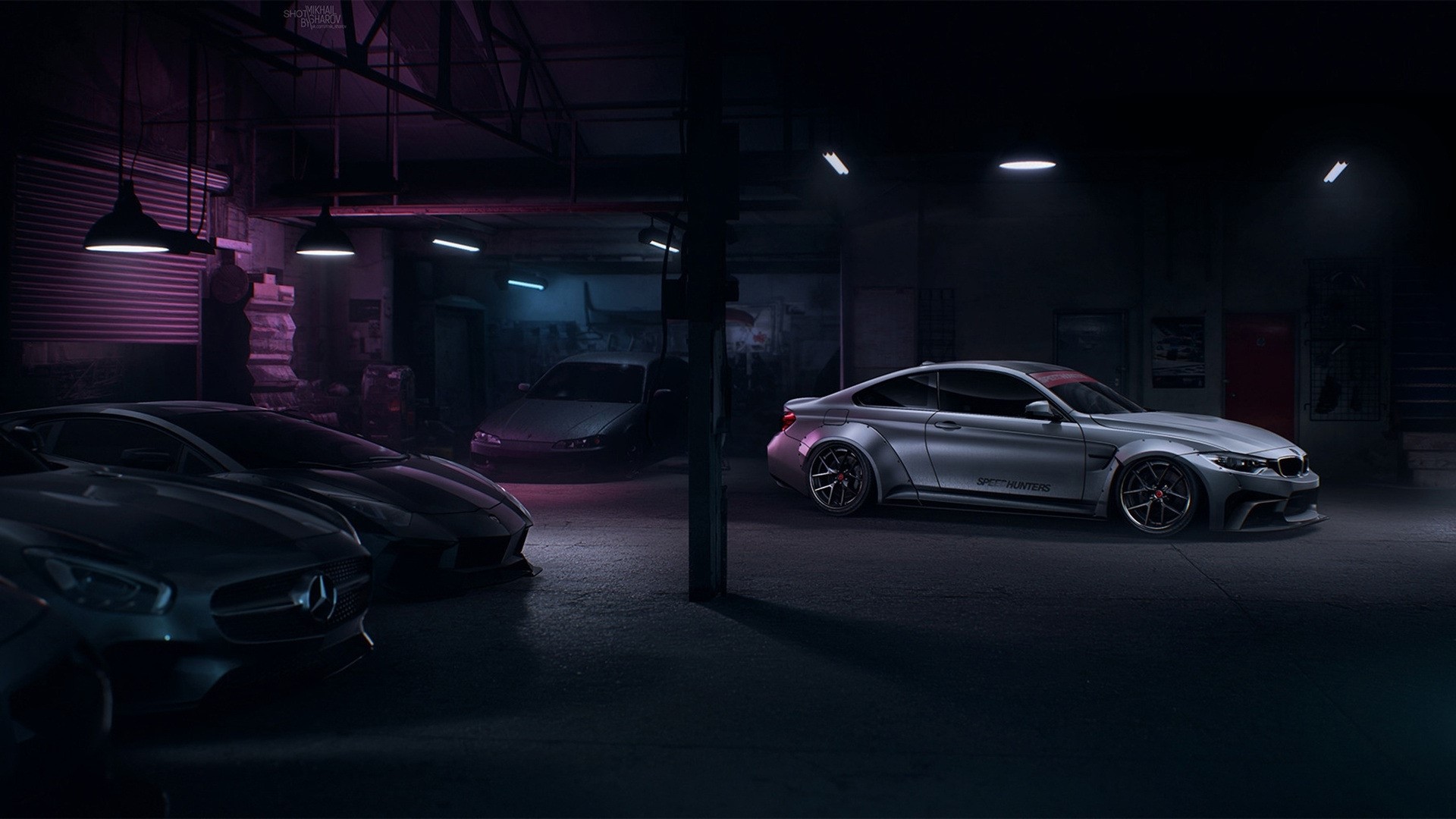 BMW, Lamborghini, and Mercedes cars in a garage HD Wallpaper