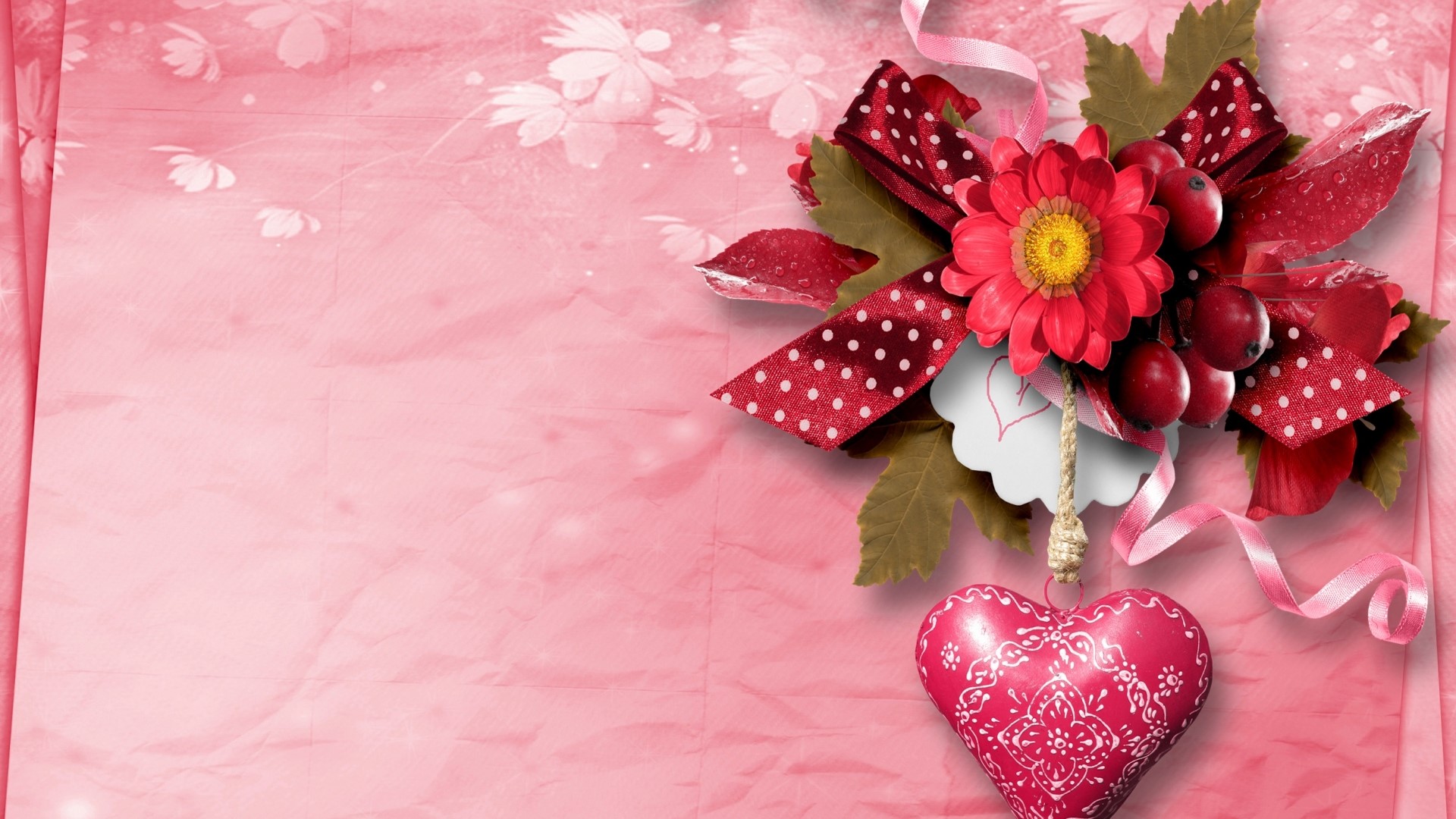 Valentine's Day Heart Decoration with Flowers and Ribbons HD Wallpaper