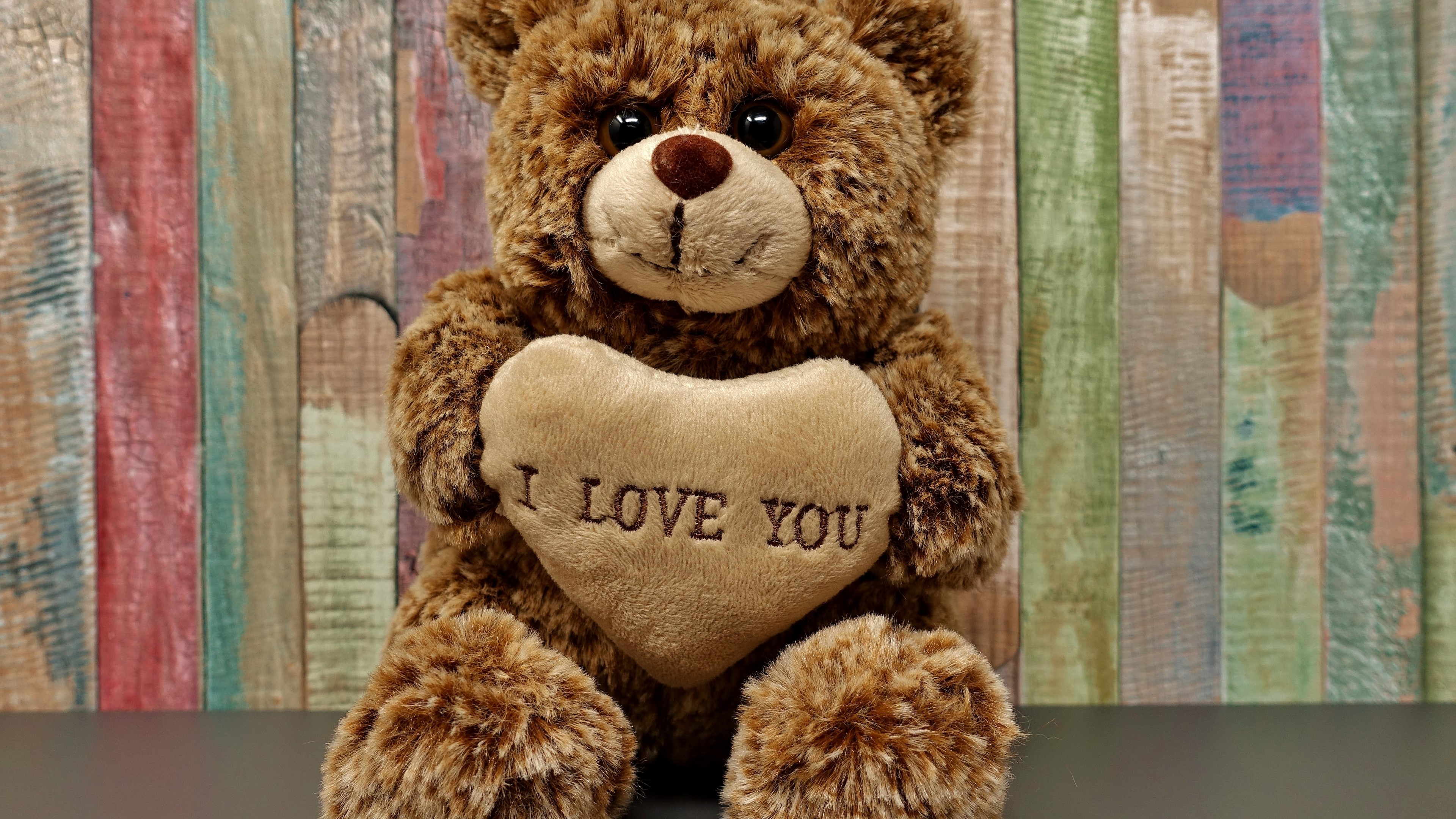 Teddy bear holding a heart with "I LOVE YOU" HD Wallpaper