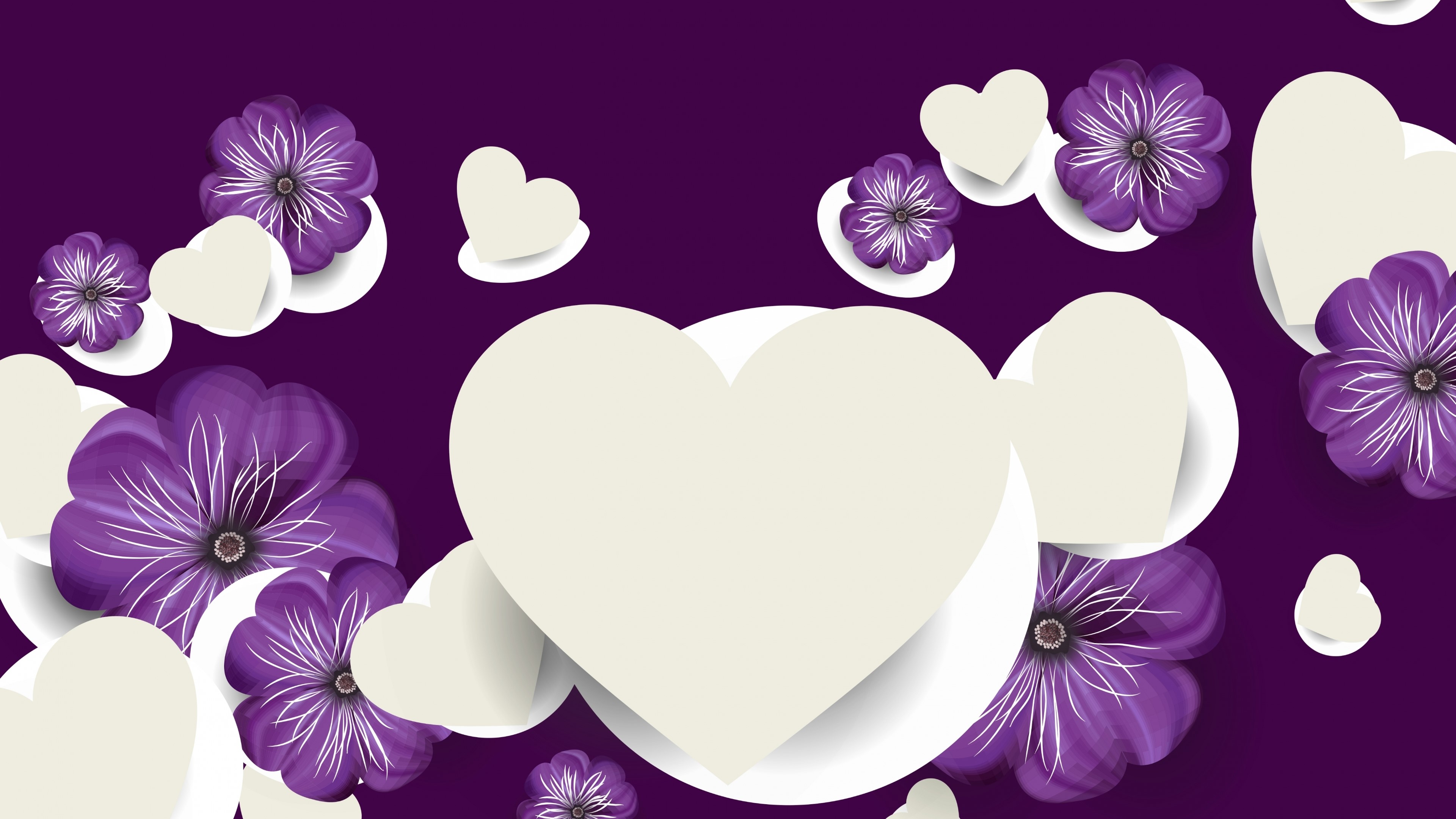 Purple flowers and hearts on a dark purple background HD Wallpaper