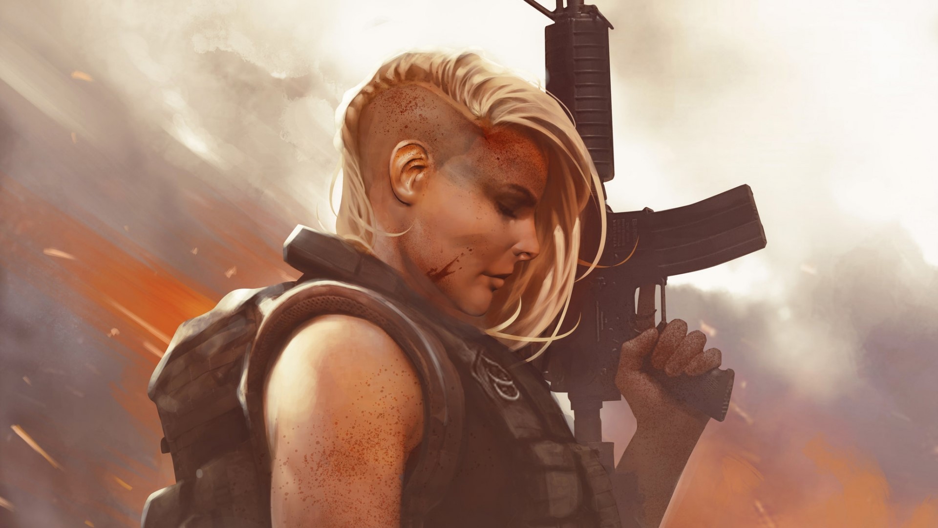 Warrior woman with rifle in war zone HD Wallpaper