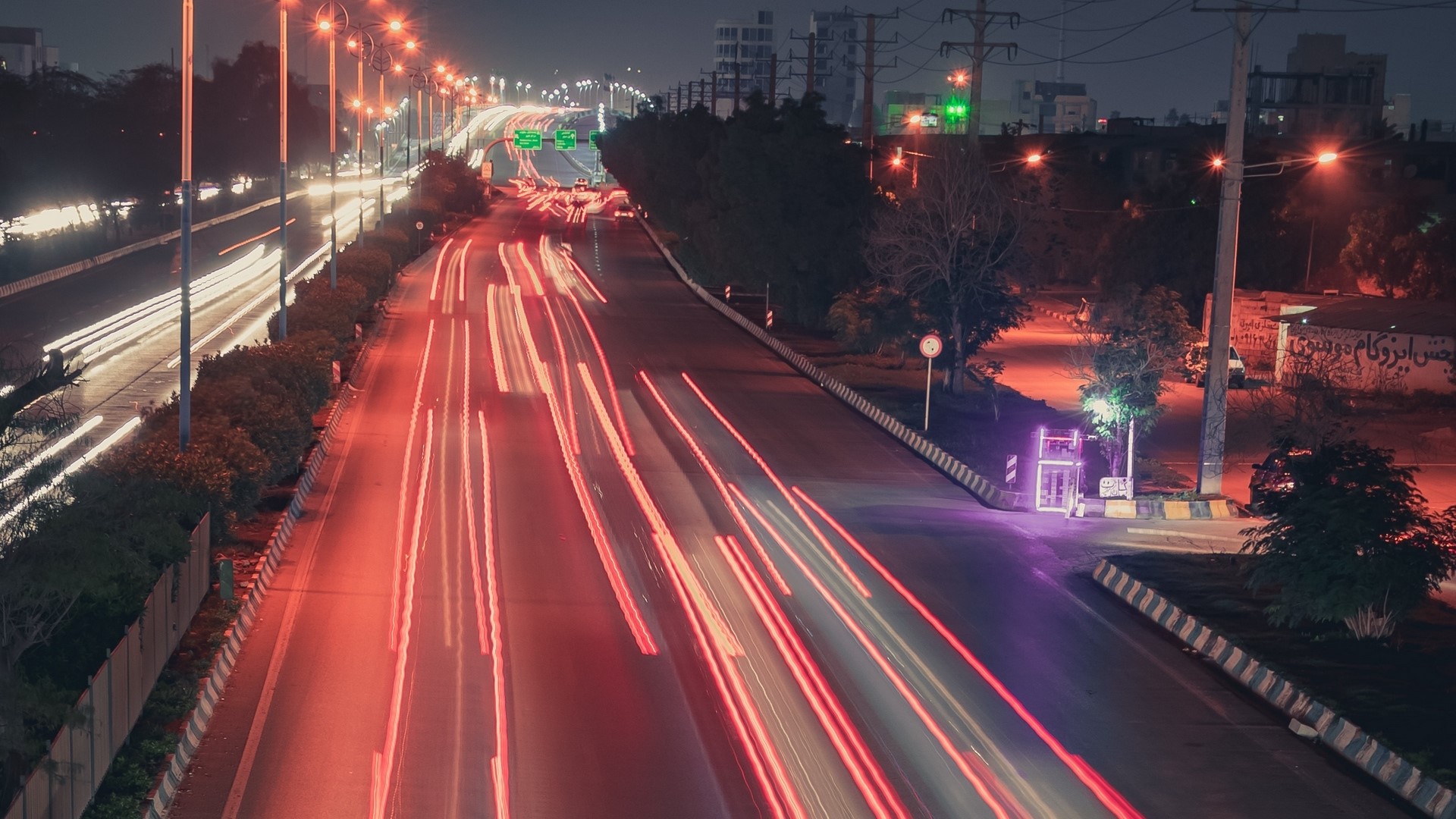 Night city highway with light trails HD Wallpaper
