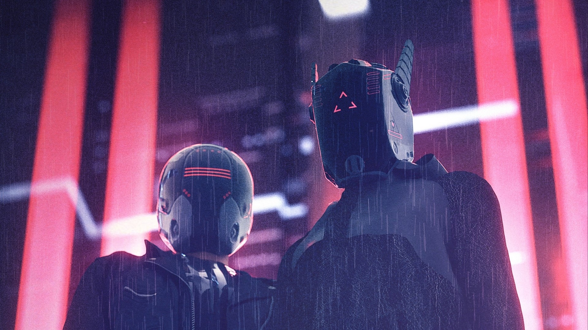 Two robots in cyberpunk city at night HD Wallpaper