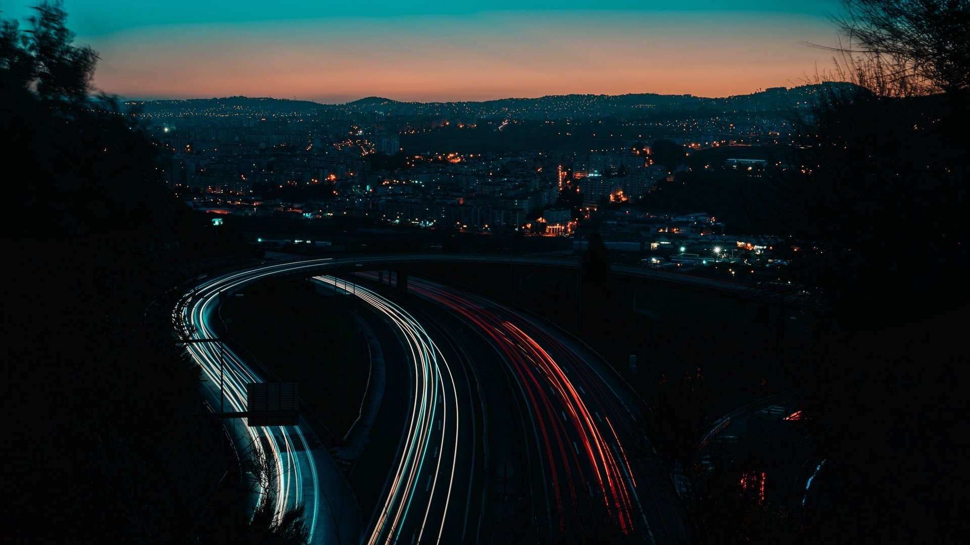 Night city highway with light trails HD Wallpaper