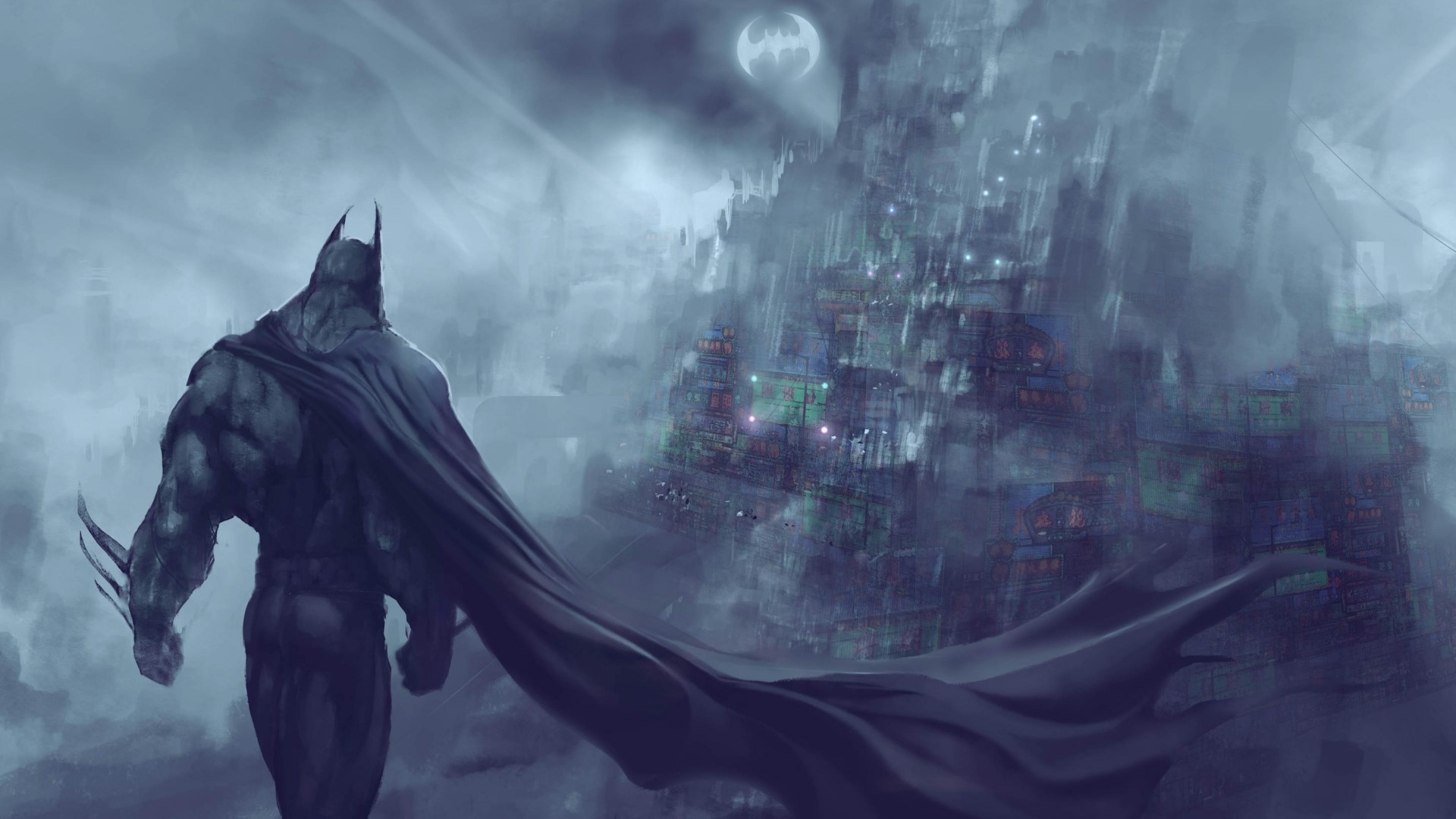 Batman overlooking a dark cityscape HD Wallpaper