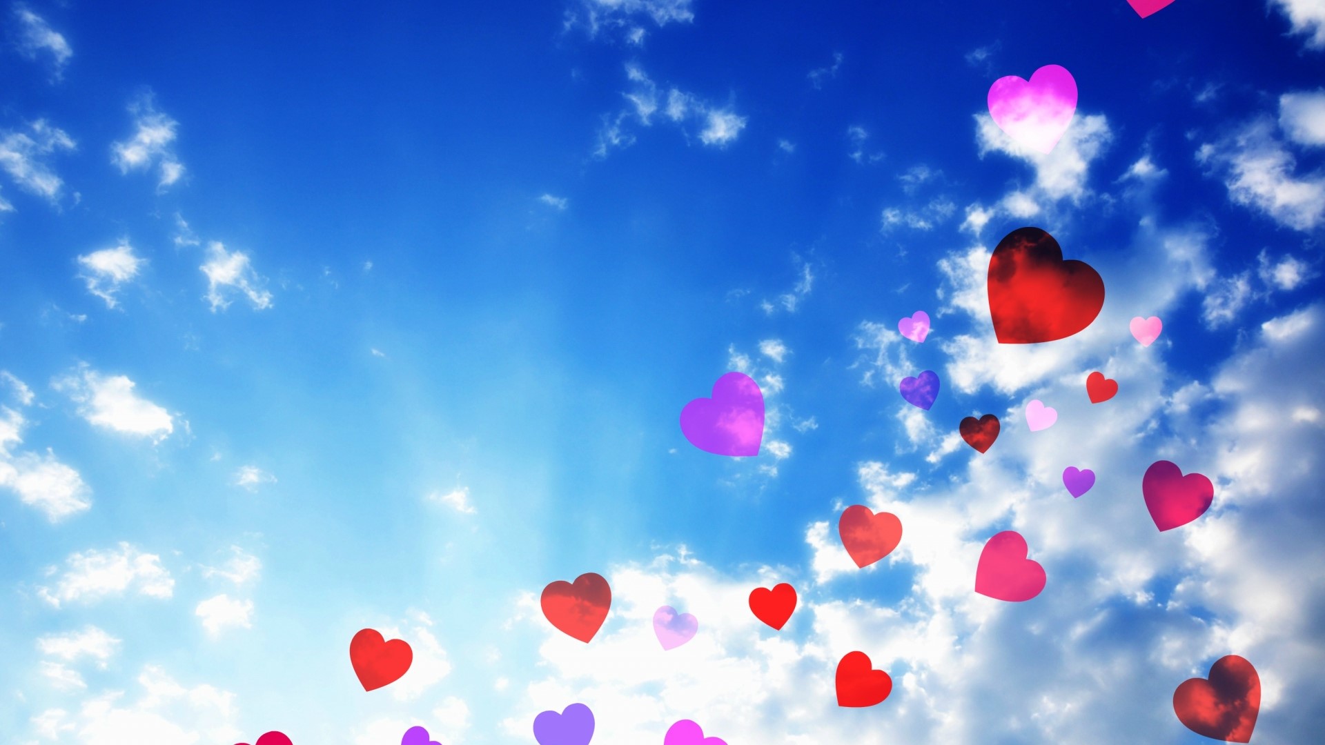 Hearts Floating in a Blue Sky with Clouds HD Wallpaper