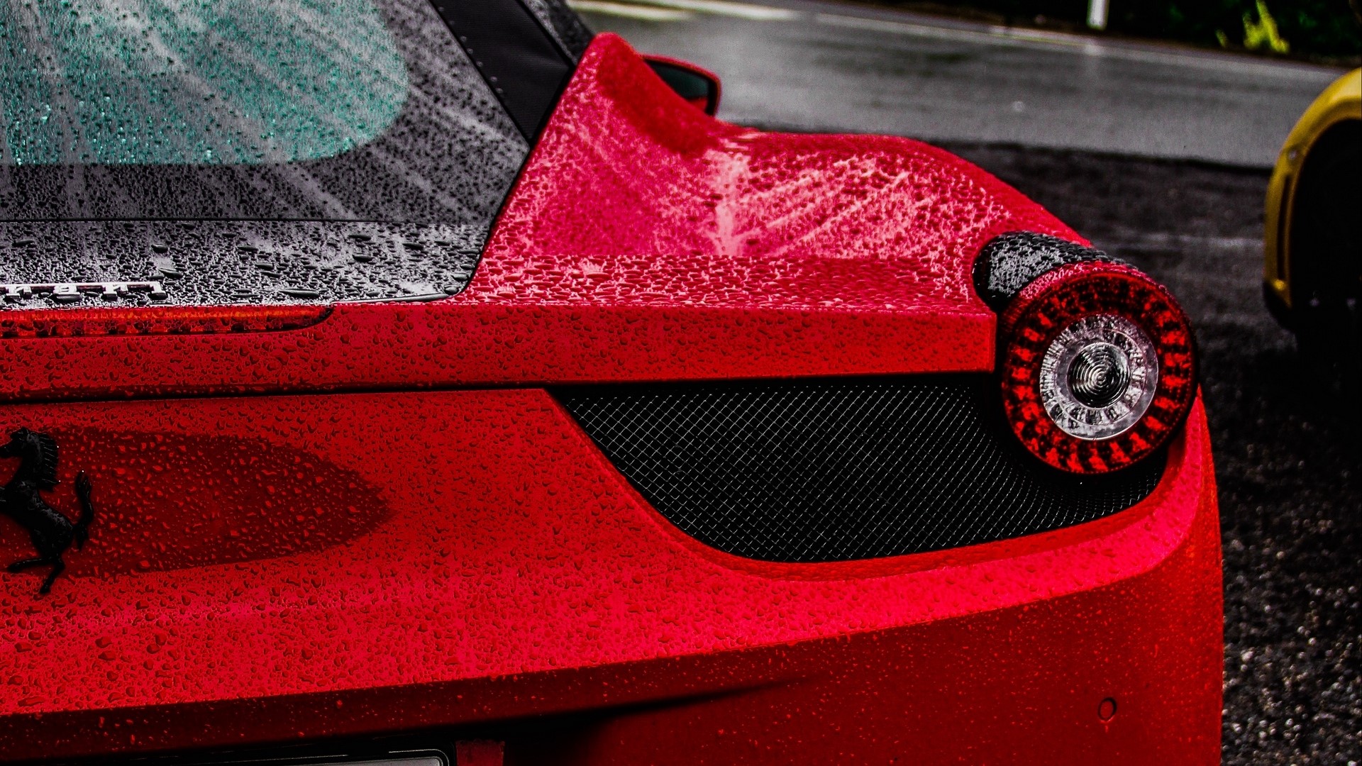 Red Ferrari sports car with water droplets HD Wallpaper