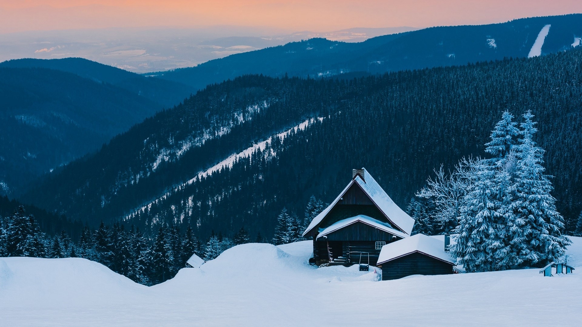 Snowy mountain cabins and pine forest HD Wallpaper
