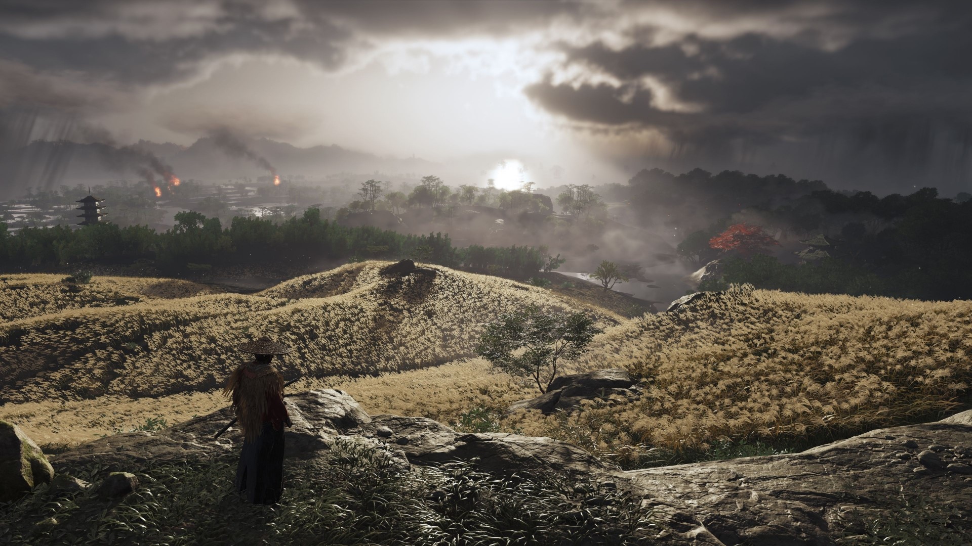 Ghost of Tsushima landscape with burning village HD Wallpaper