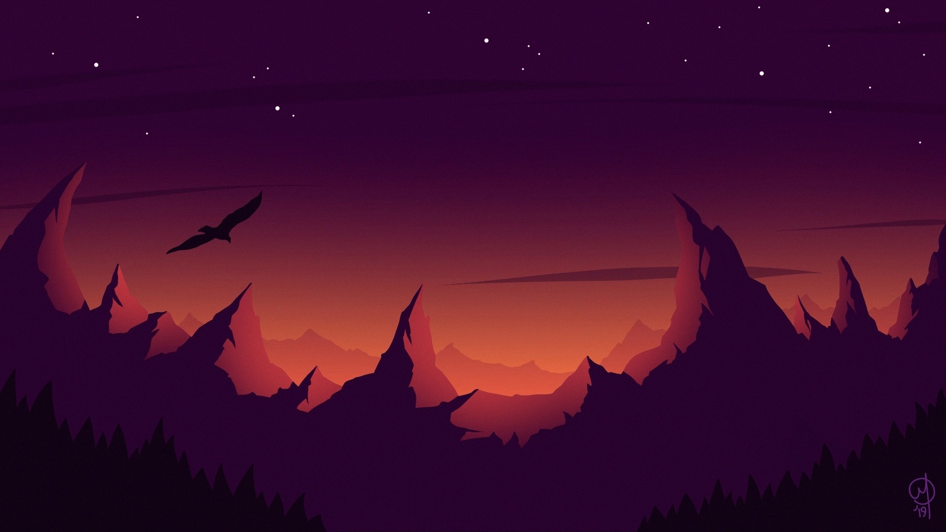 Minimalist landscape with mountains and a bird at sunset HD Wallpaper