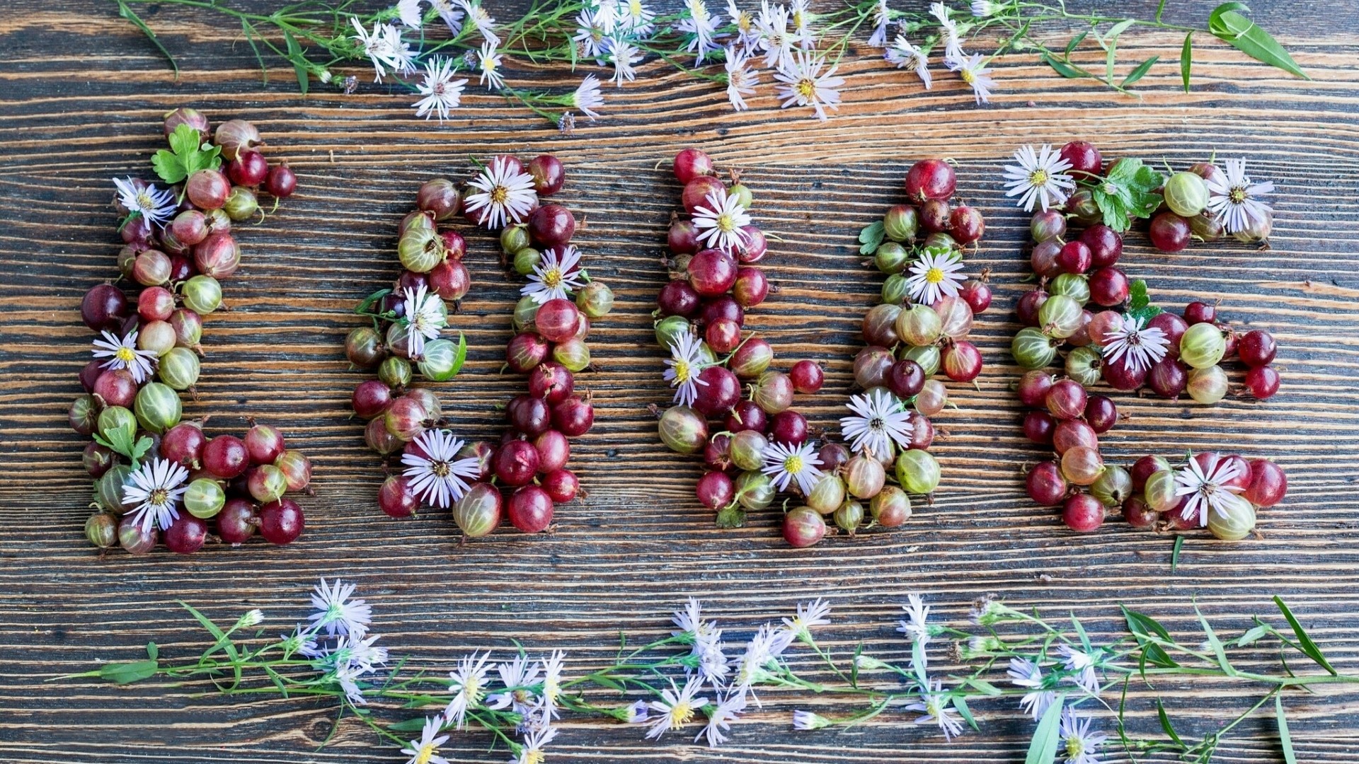 Love spelled with gooseberries and flowers HD Wallpaper