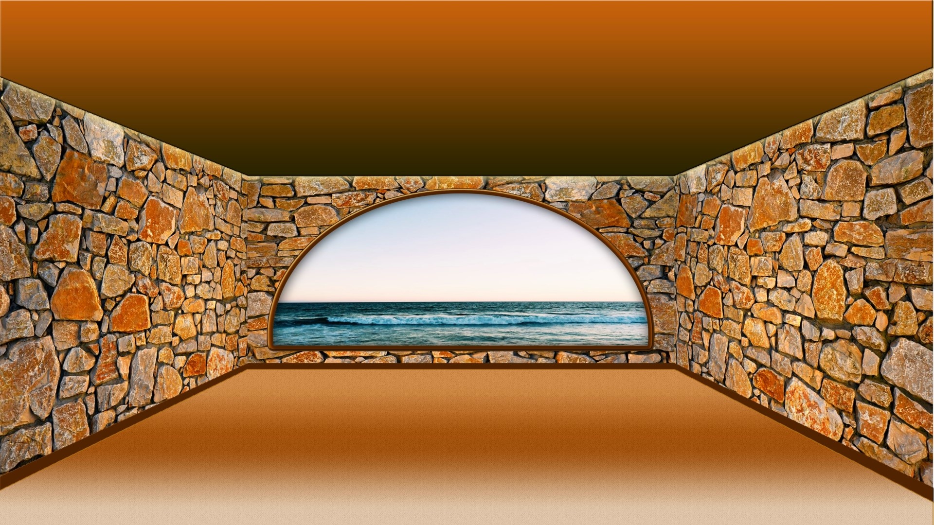 Stone room with arched window overlooking the ocean HD Wallpaper