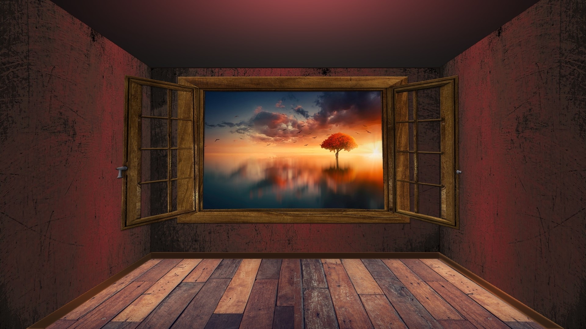 Room with a window view of a tree at sunset HD Wallpaper