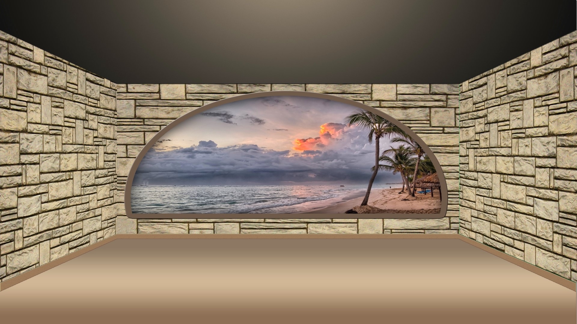 Room with stone walls and a tropical beach view HD Wallpaper